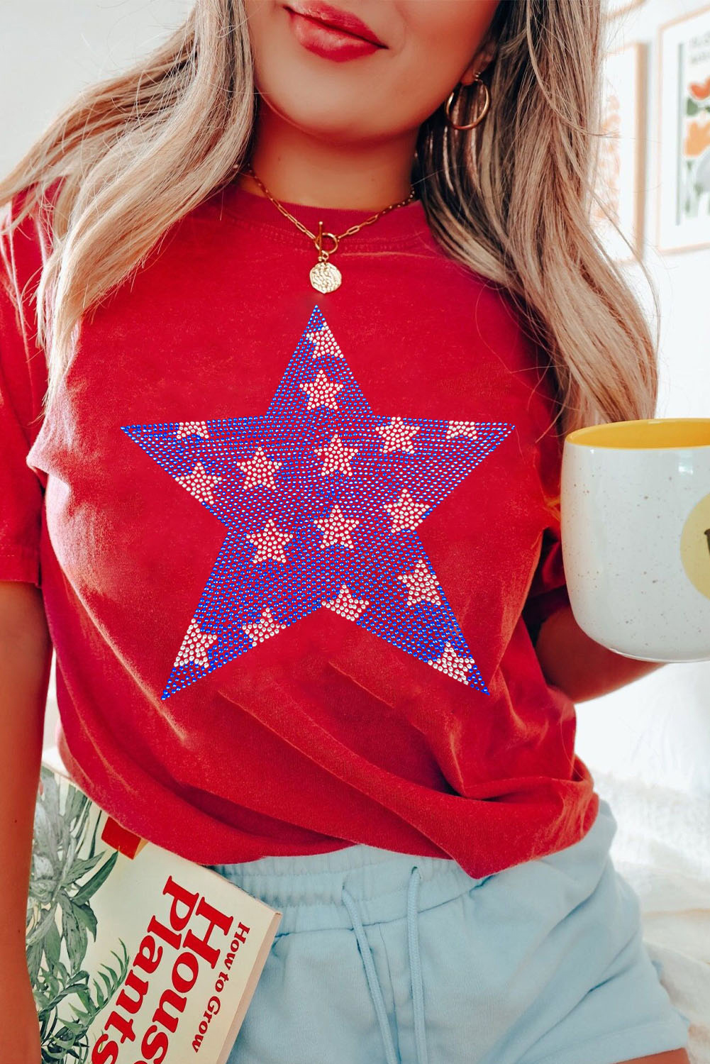 Red Rhinestone Star Pattern Independent Day T Shirt - loveforevers