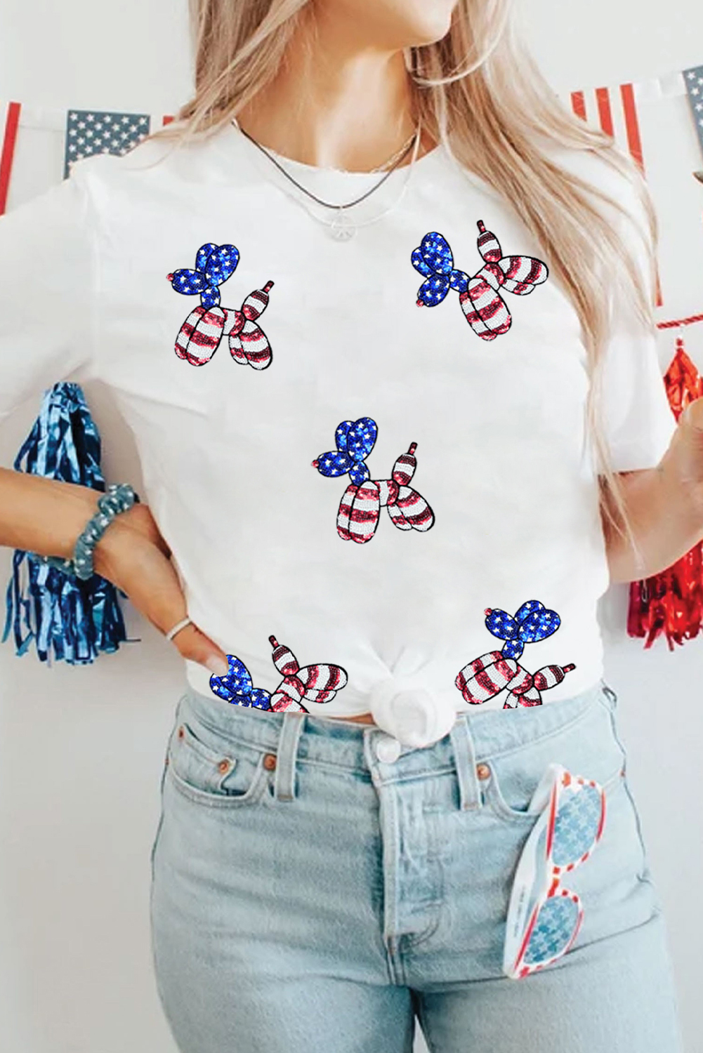 White Sequin Stars and Stripes Balloon Puppy Graphic Crewneck Tee - loveforevers
