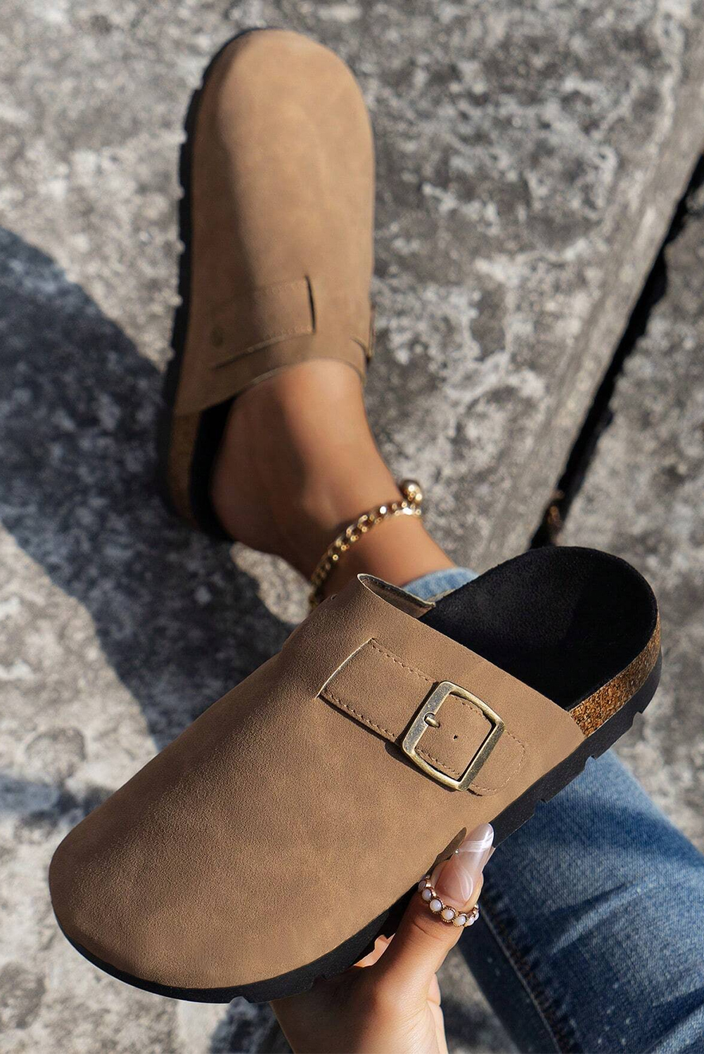 Light French Beige Suede Buckle Detail Slippers - loveforevers
