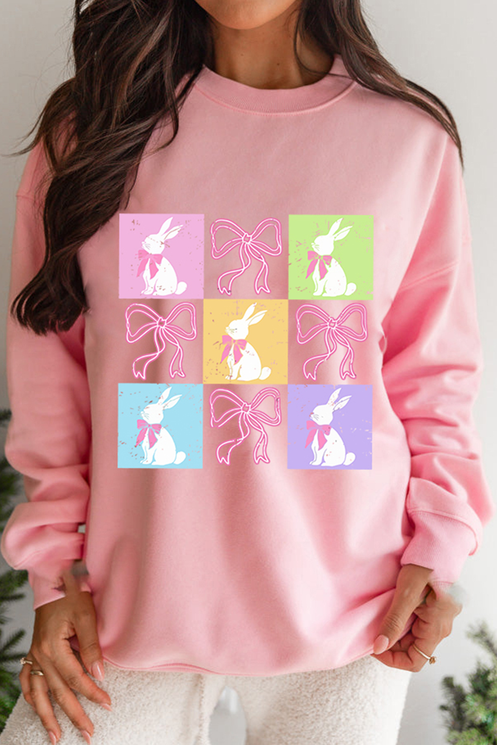 Pink Easter Bunny Bow Checkered Print Drop Shoulder Sweatshirt - loveforevers