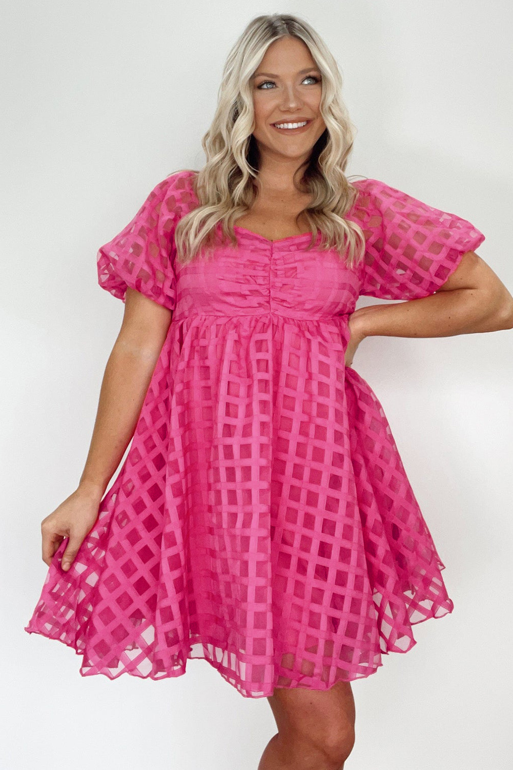 Strawberry Pink Checkered Puff Sleeve Babydoll Dress - loveforevers