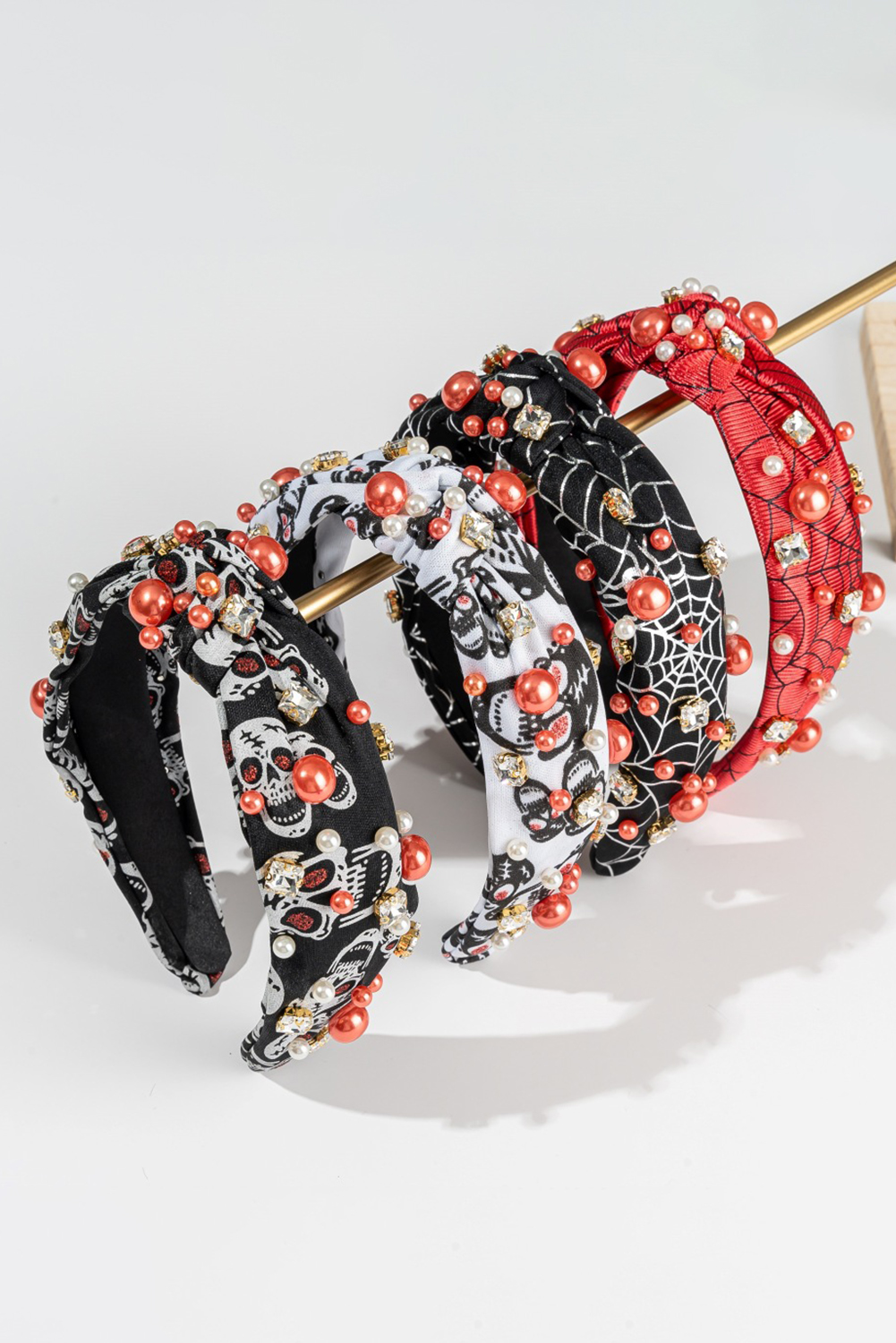Black Pearled Rhinestone Knotted Spiderweb Halloween Headband - loveforevers