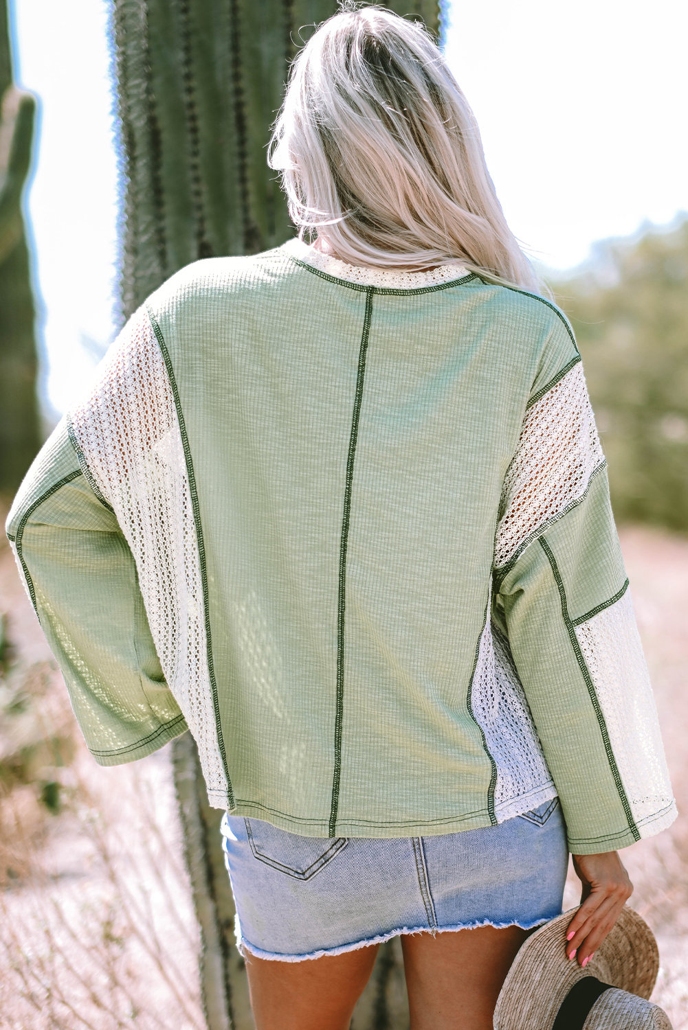Grass Green Crochet Detail Exposed Seam High Low Loose Top - loveforevers