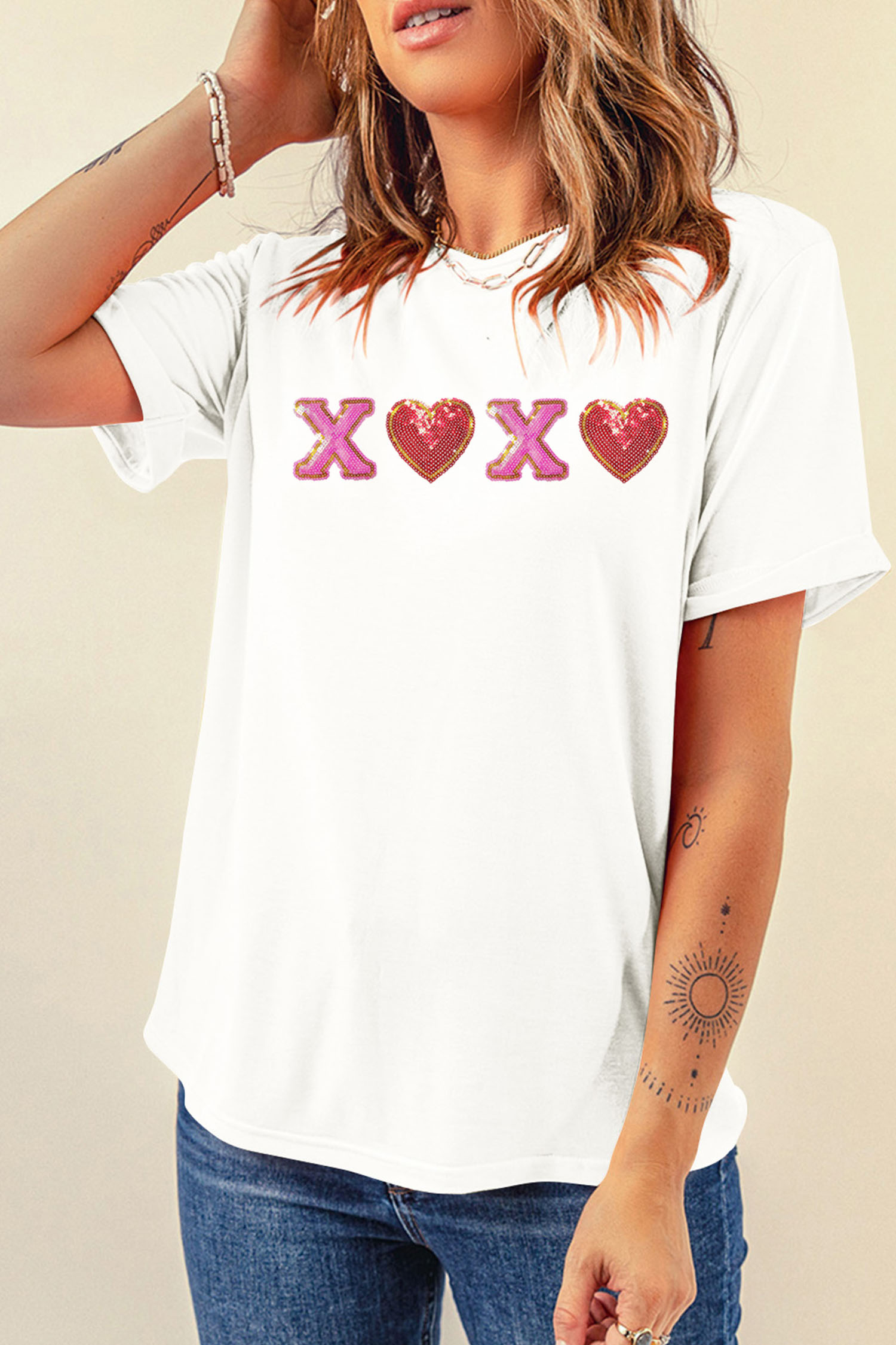 White XOXO Sequin Heart Patched Valentines Day Cuffed T Shirt - loveforevers