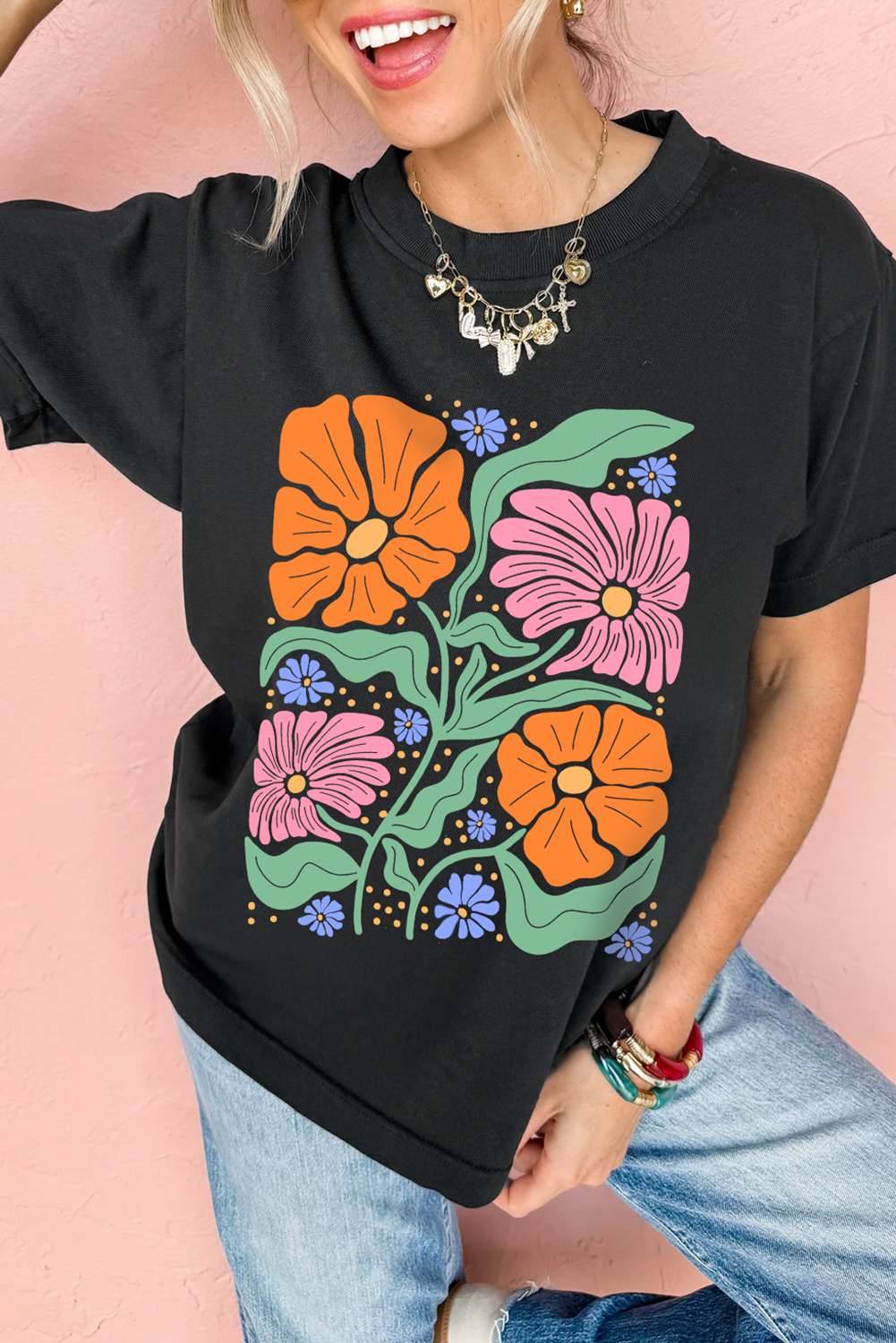 Black Colorful Flower Graphic Crewneck Summer Tee - loveforevers