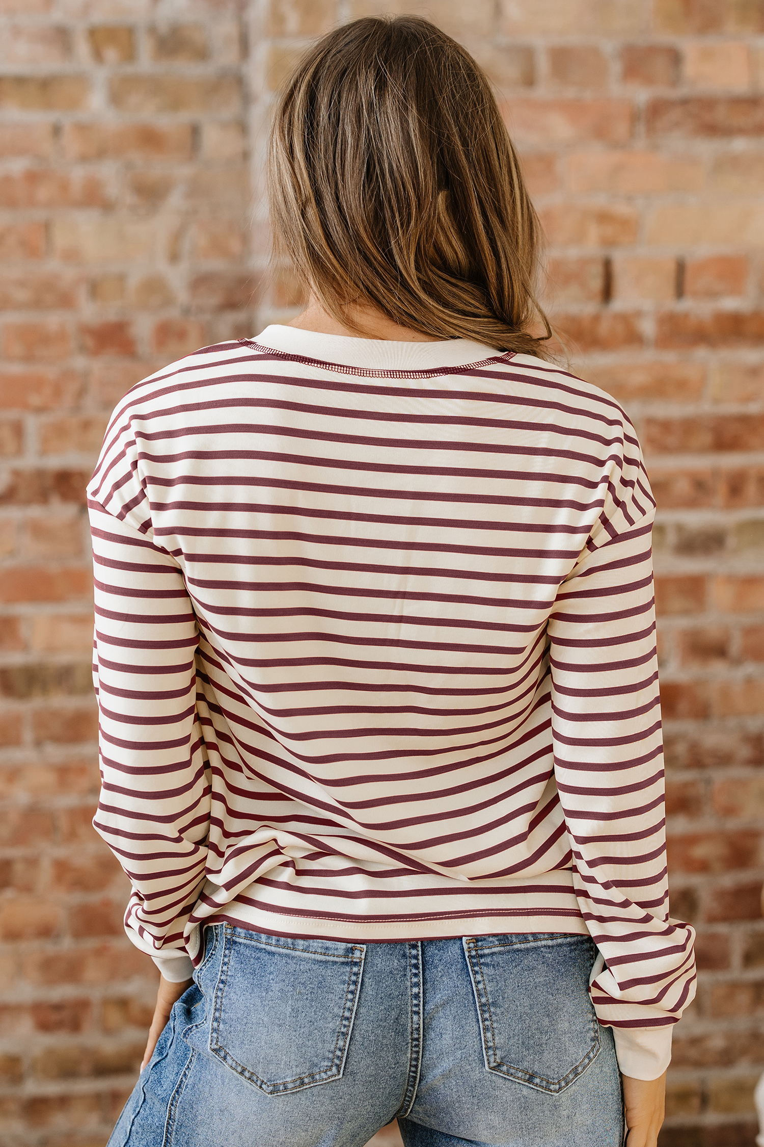 Red Dahlia Striped Print Drop Shoulder Long Sleeve Henley Top - loveforevers