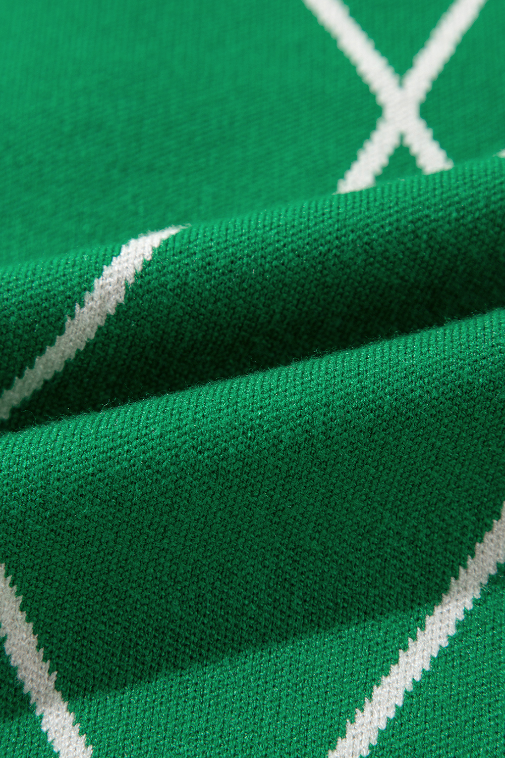 Dark Green Diamond Pattern Pom Accents Contrast Trim High Neck Sweater - loveforevers