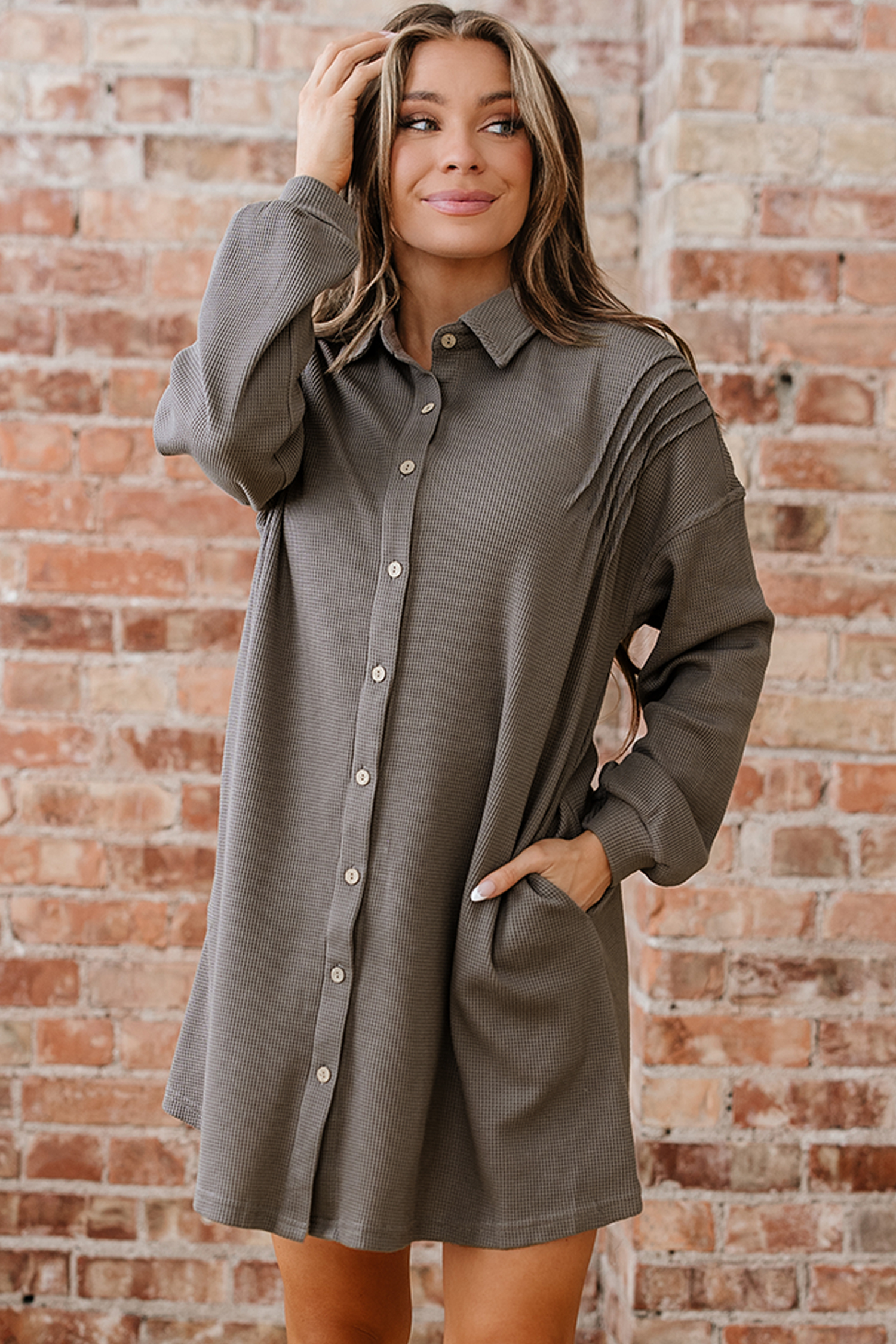 Simply Taupe Waffle Knit Shirt Tunic Dress - loveforevers