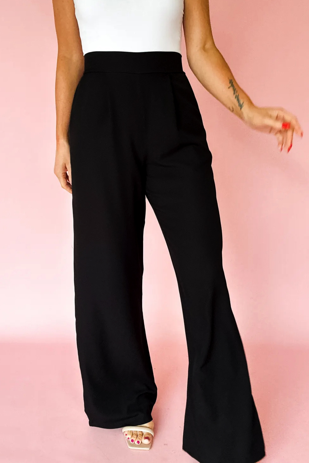Fiery Red Pleated Detail Pull On High Elastic Waist Loose Straight Pants - loveforevers