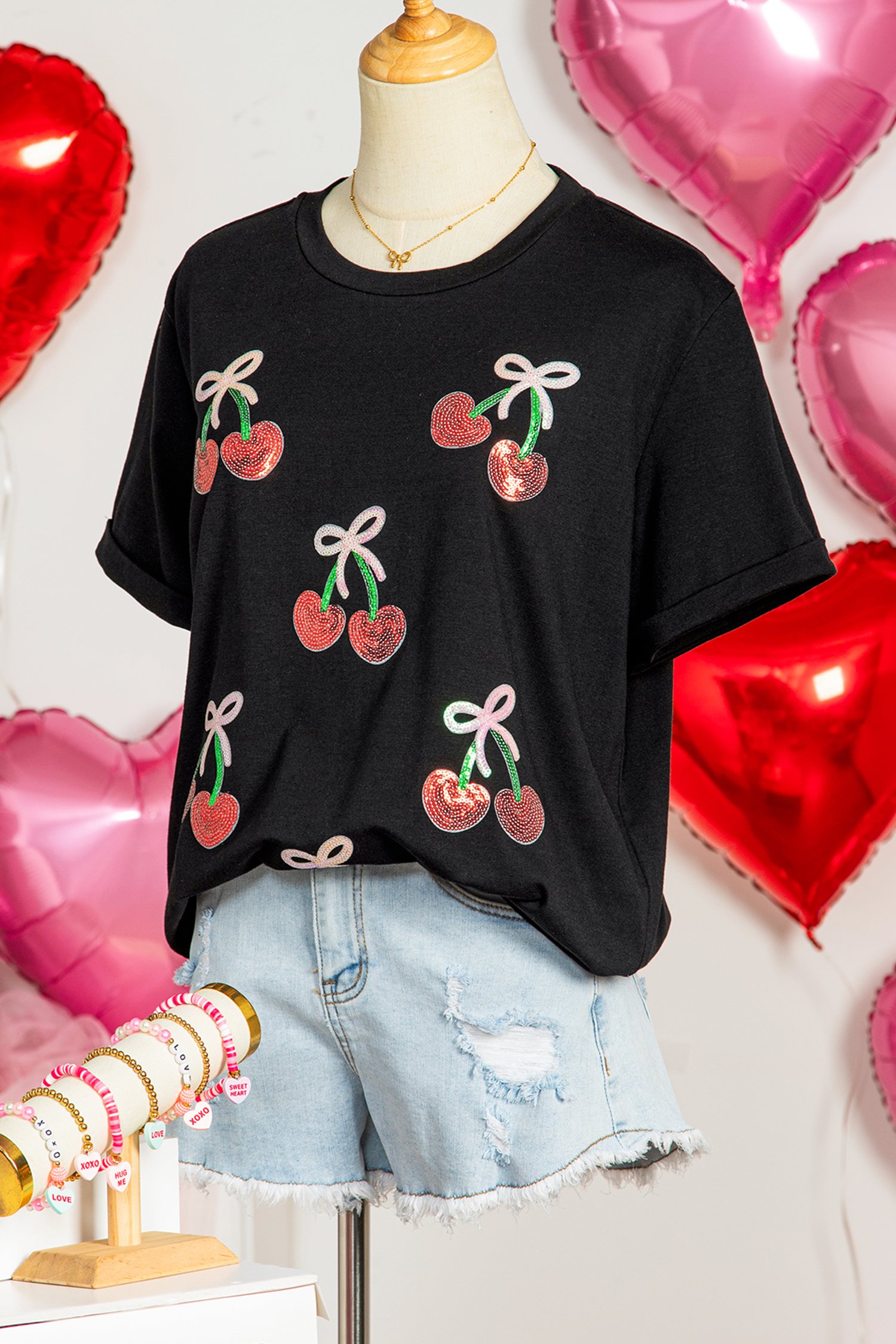 Black Sequin Bow Cheery Patched Valentines Graphic Tee - loveforevers