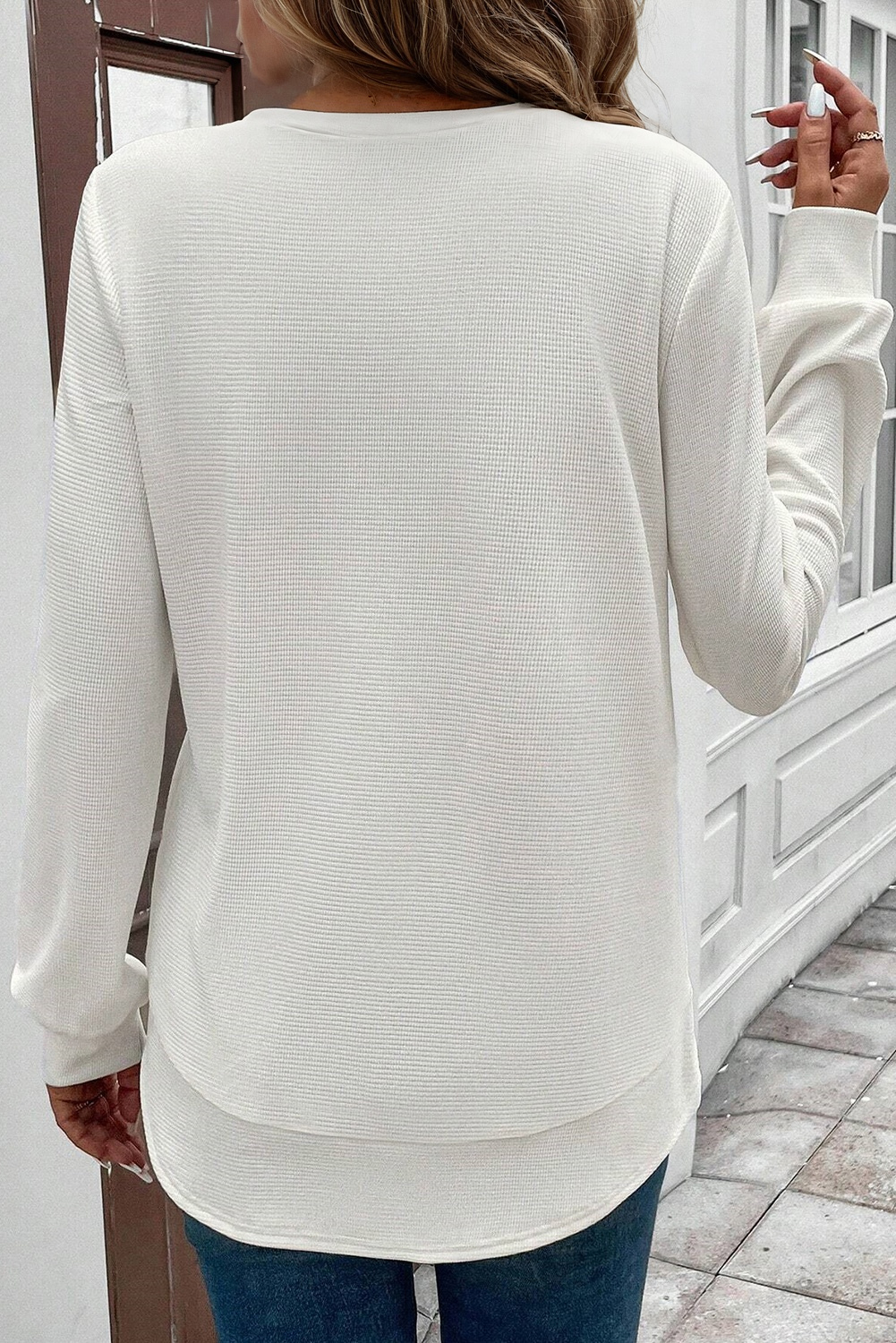 White Rounded Hem Waffle Long Sleeve Top - loveforevers
