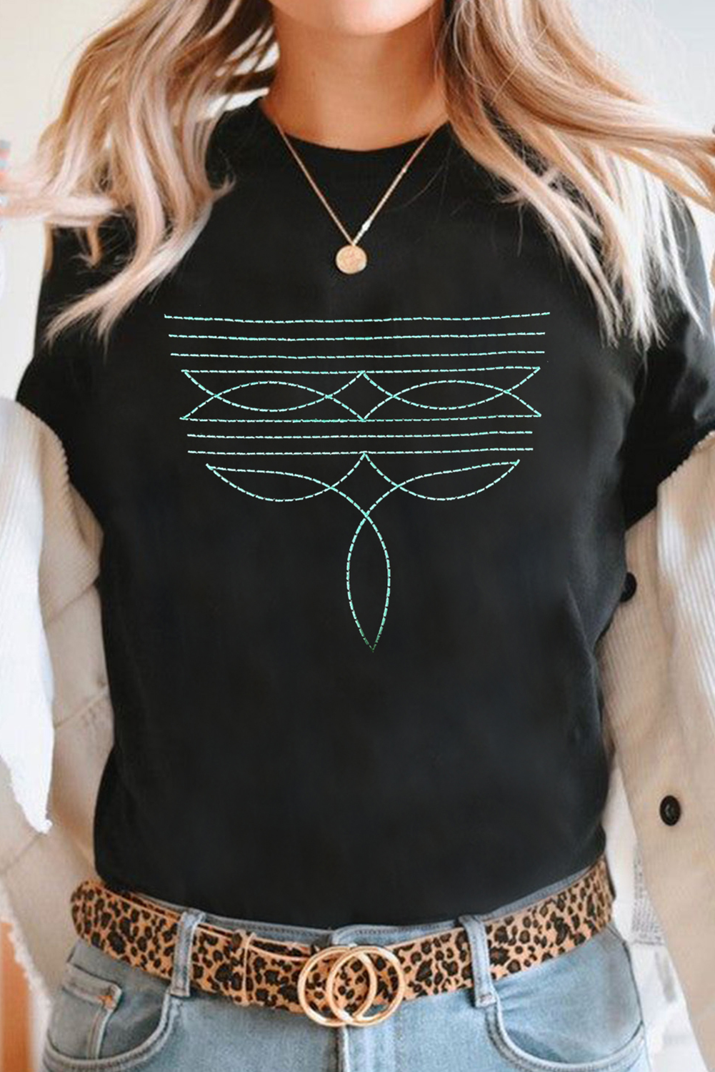 Black Western Fashion Geometric Embroidered T Shirt - loveforevers