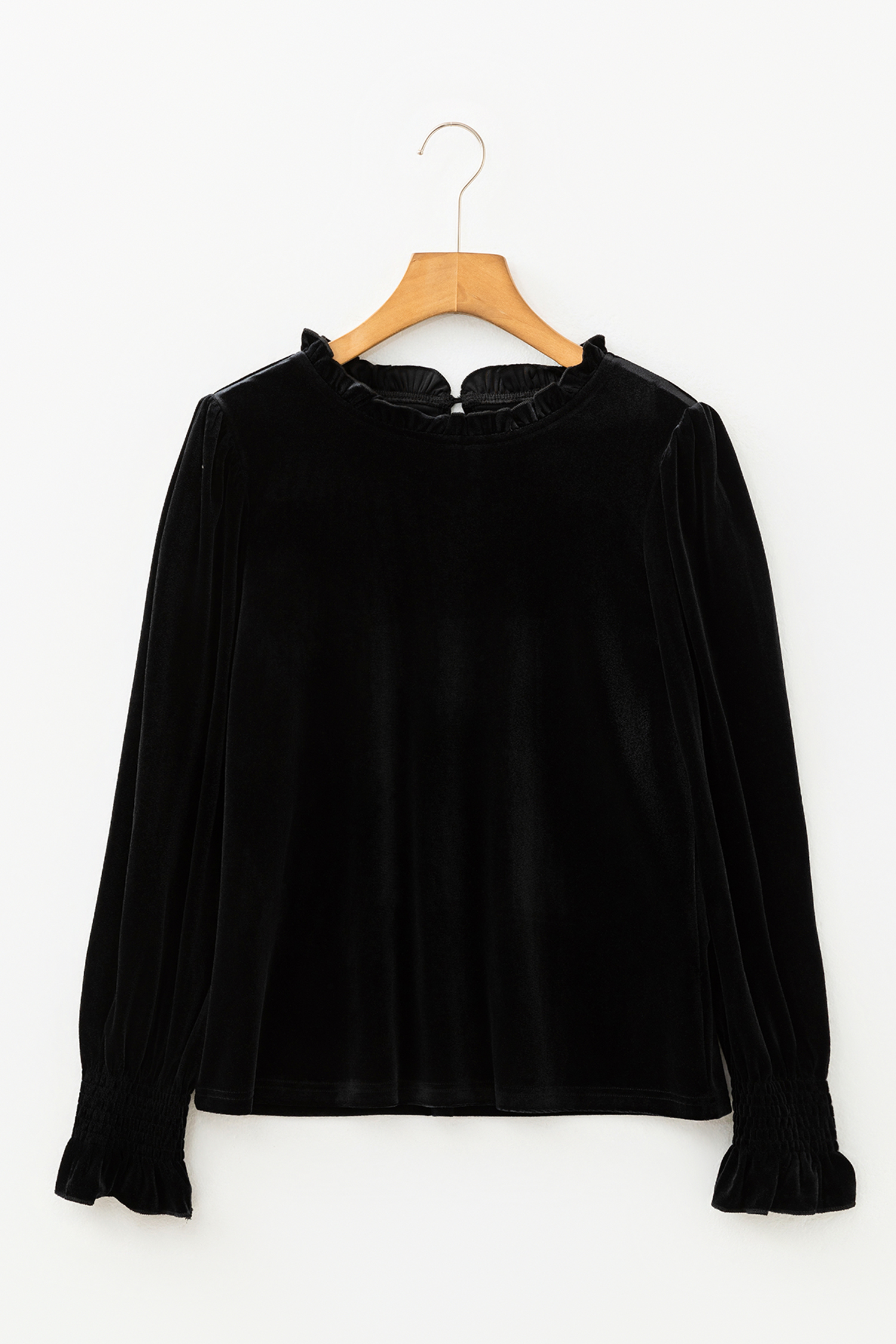 Black Frilled Collared Smocked Cuffs Puff Sleeve Velvet Blouse - loveforevers