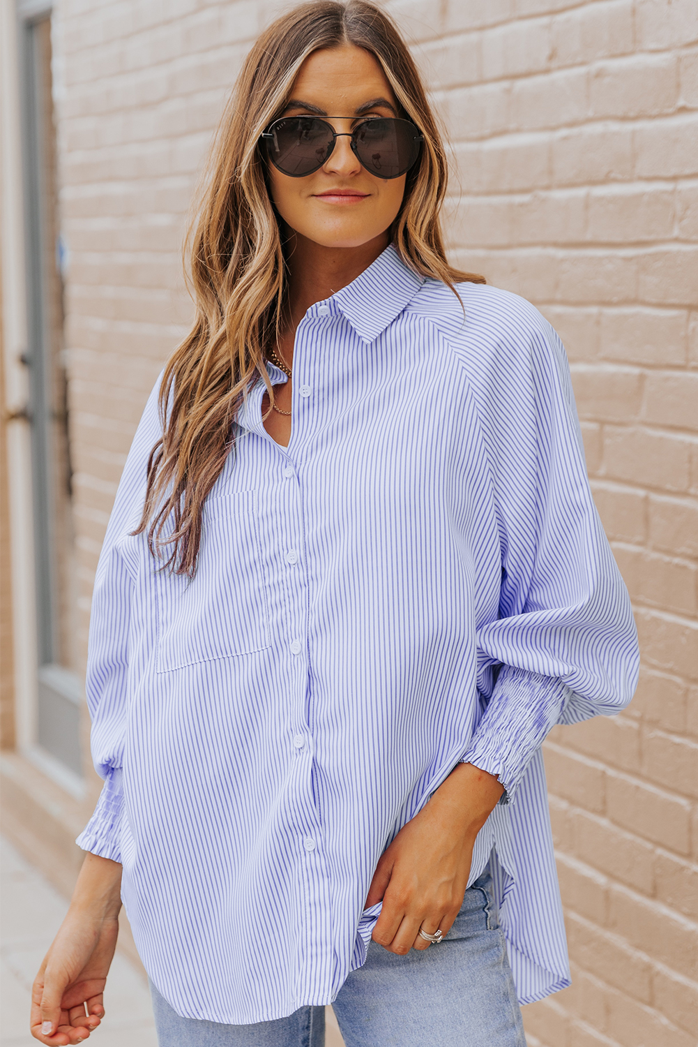 Red Stripe Smocked Cuffed Striped Boyfriend Shirt with Pocket - loveforevers