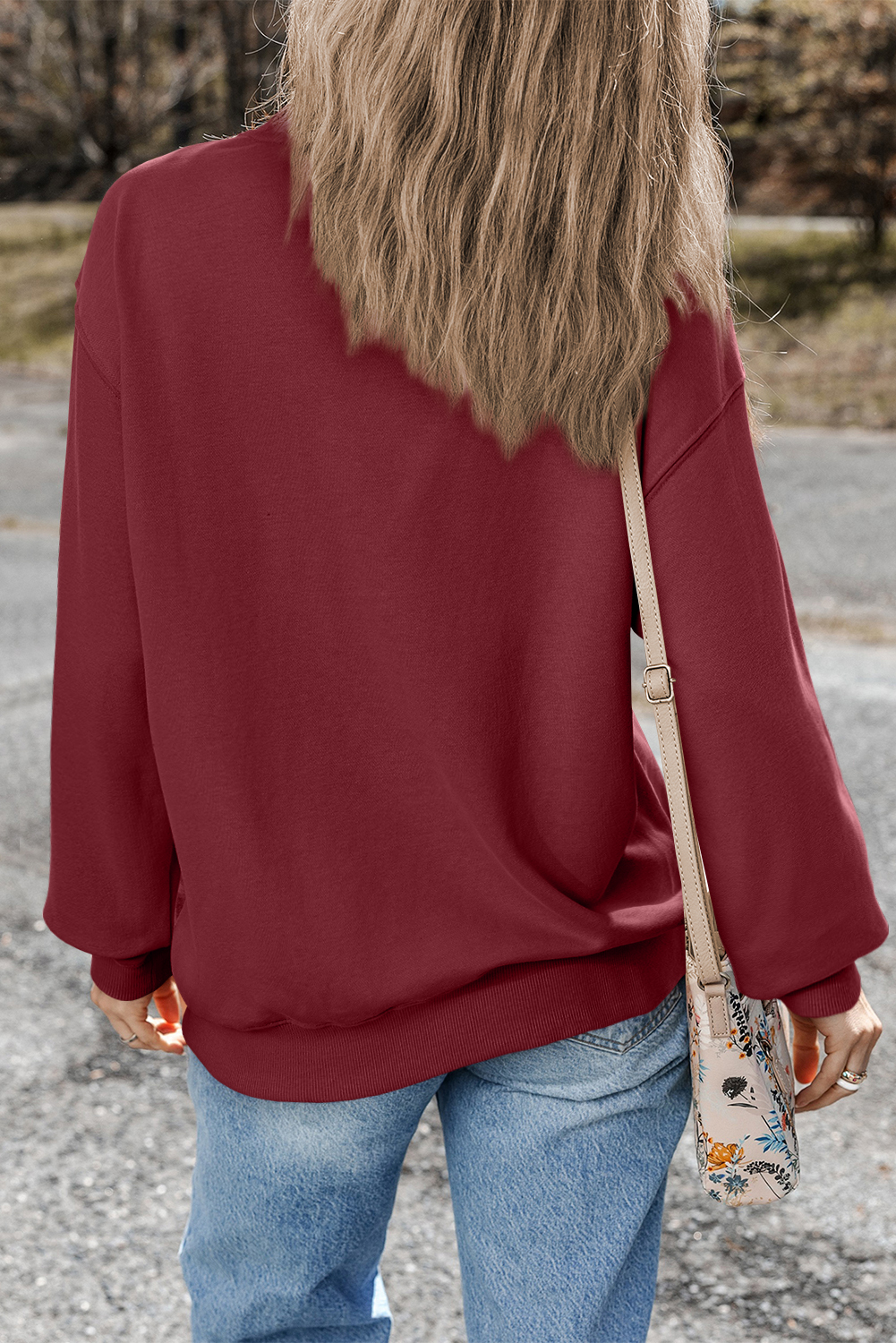 Navy Blue Plain Drop Shoulder Crewneck Pullover Sweatshirt - loveforevers