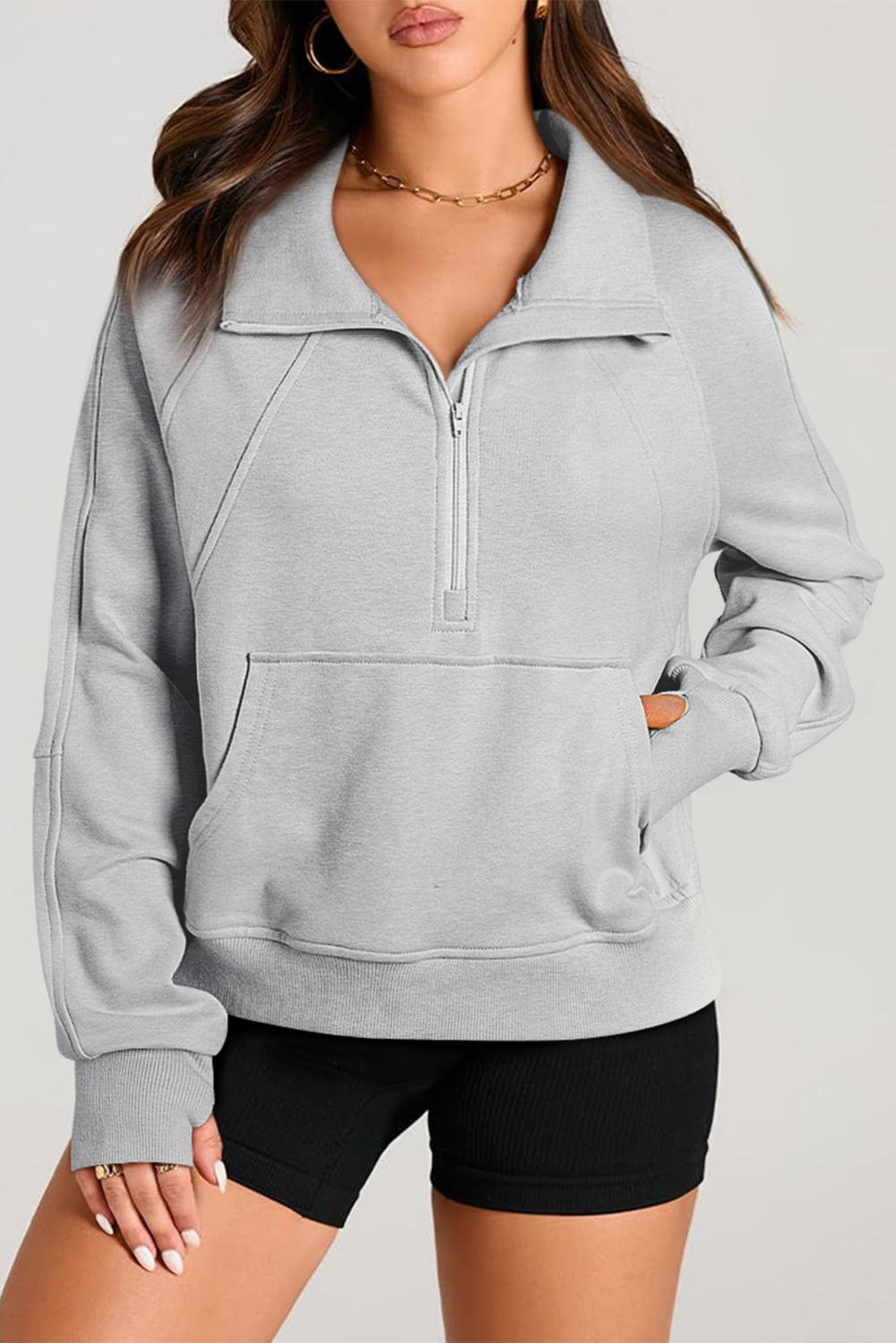 Aruba Blue Quarter Zip Stand Neck Kangaroo Pocket Sweatshirt - loveforevers
