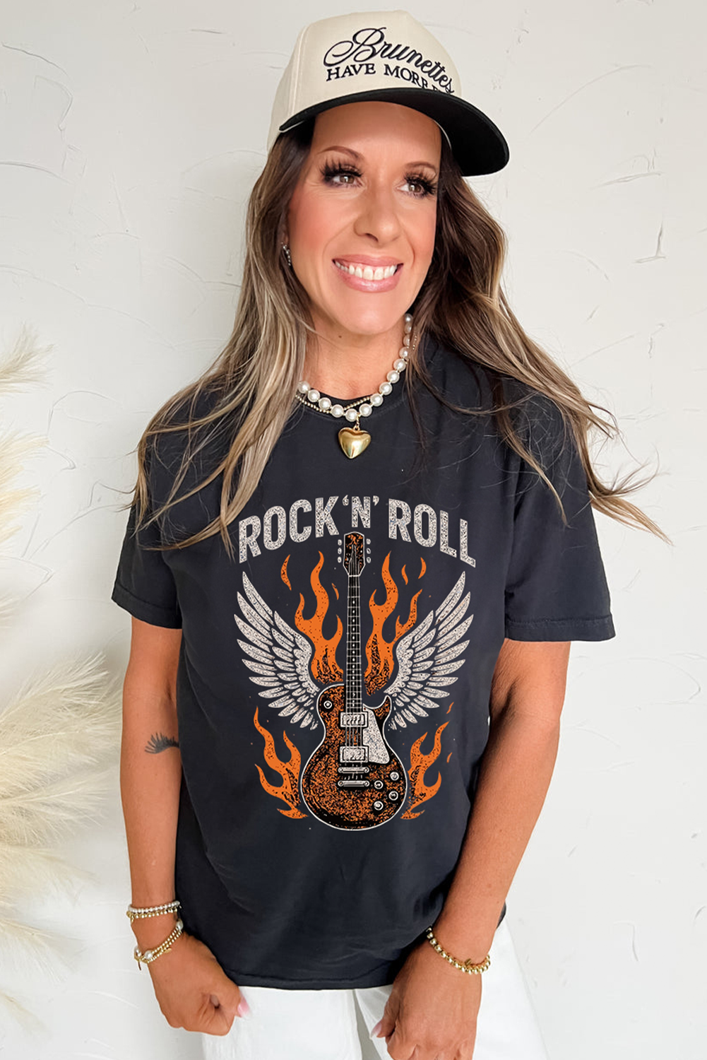 Black Guitar Wings Slogan Print Crew Neck T Shirt - loveforevers