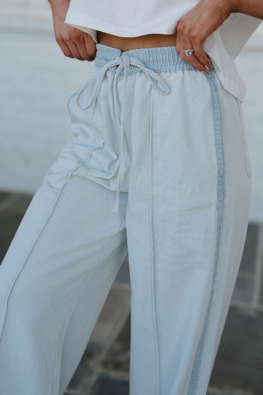 Beau Blue Light Wash Contrast Trim Center Seam Drawstring Elastic Waistband Wide Leg Denim Pants - loveforevers