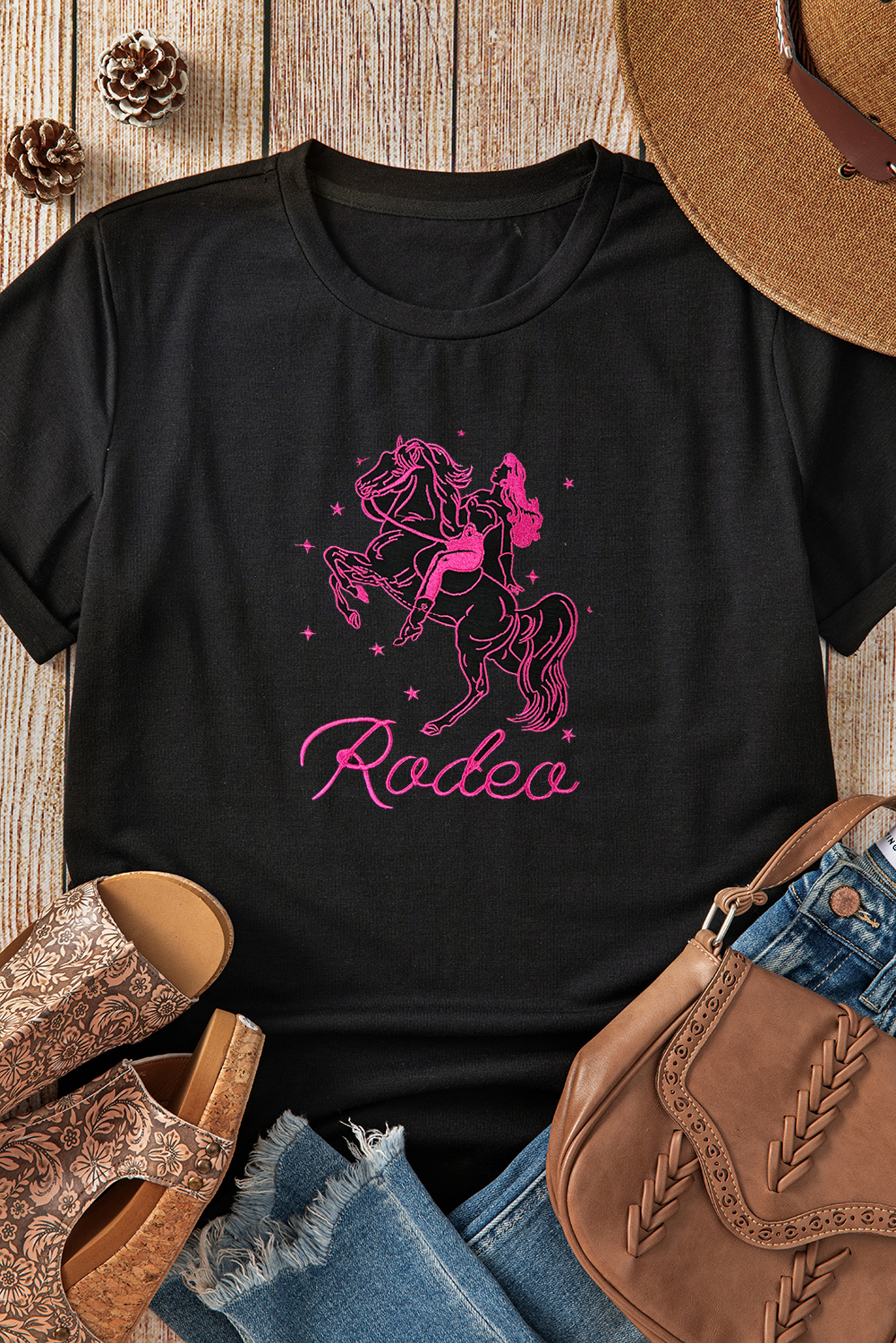 Black Cowgirl Rodeo Embroidered Pattern Western Fashion Tee - loveforevers
