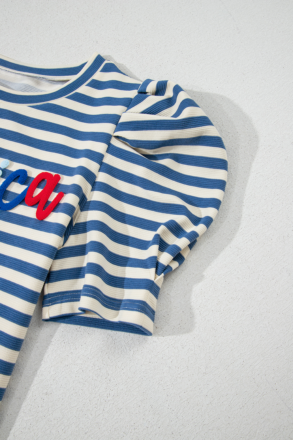 Blue Stripe America Cursive Graphic Puff Sleeve T-shirt - loveforevers