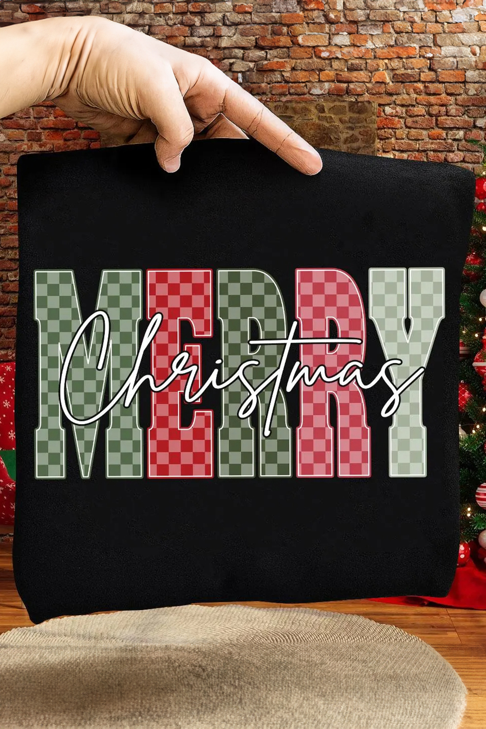 Black Plaid Checkered MERRY Christmas Graphic Crew Neck Tee - loveforevers