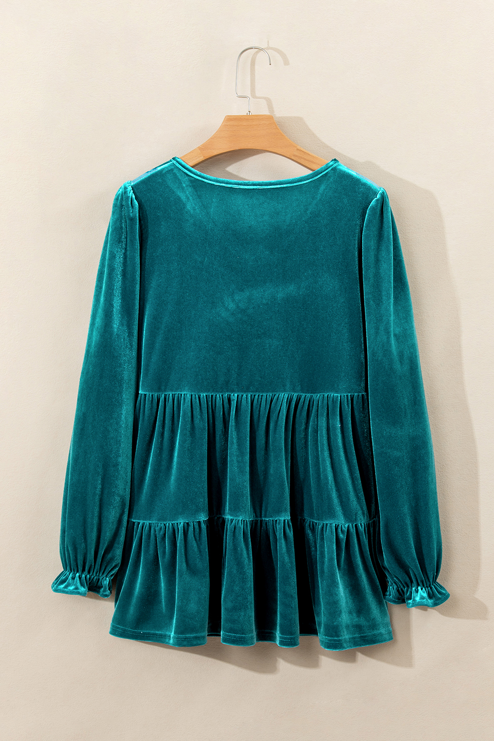 Sea Green Velvet V Neck Peplum Hem Puff Sleeve Blouse - loveforevers