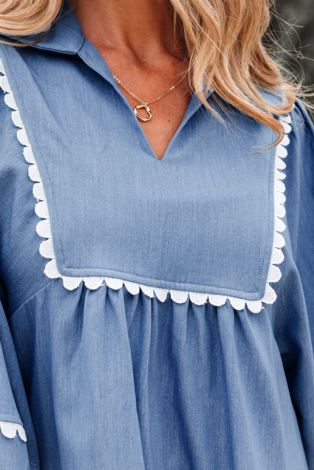 Dusk Blue Lace Ric Rac 3/4 Puff Sleeve Collared Babydoll Blouse - loveforevers