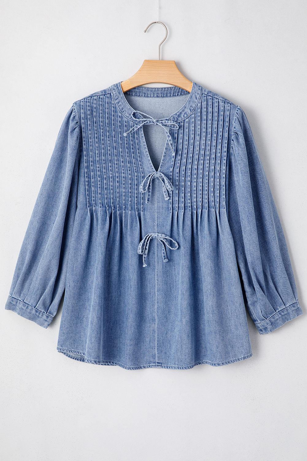 Myosotis Denim Front Pintuck Bow Tie Puff Sleeve Top - loveforevers