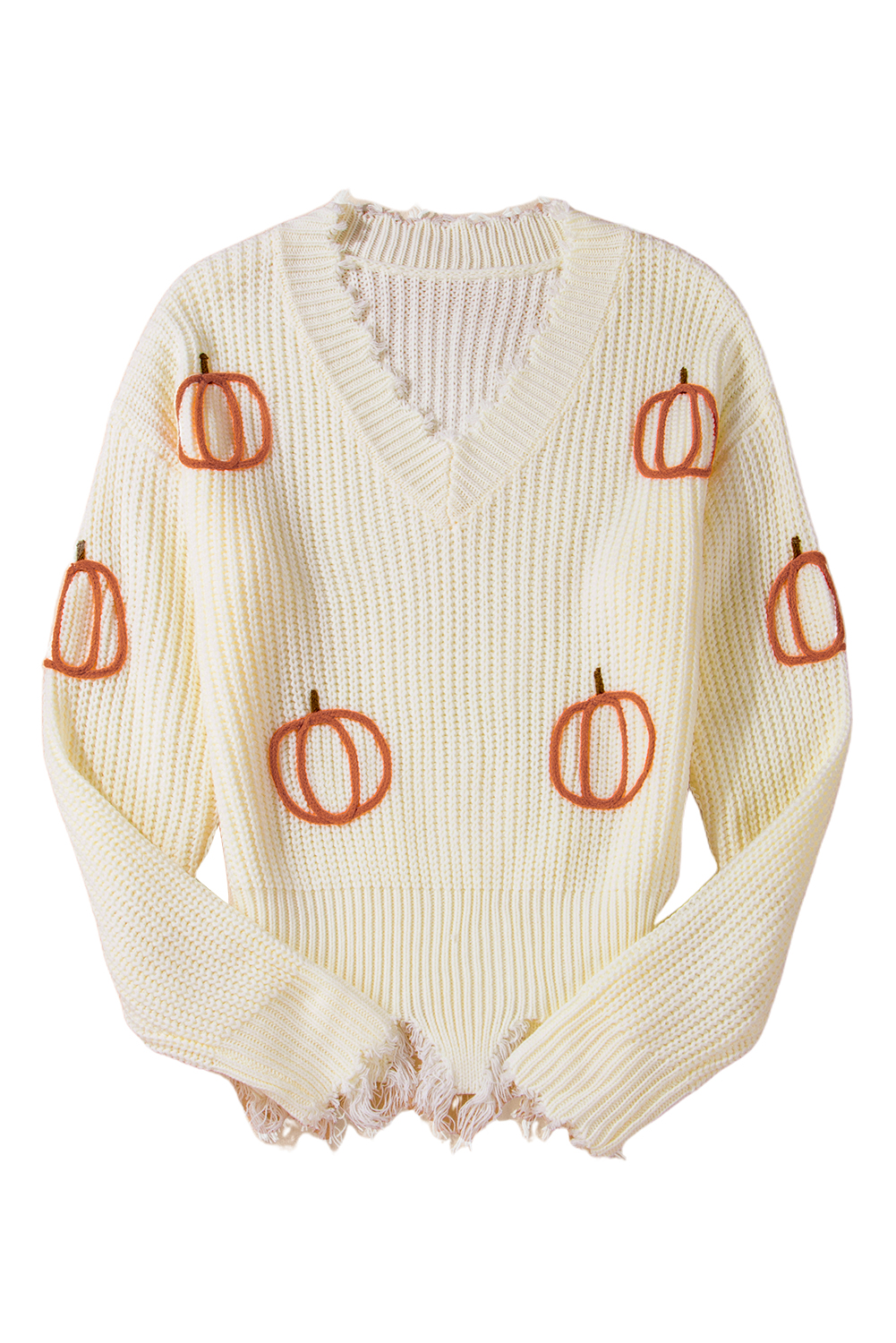 Beige Cable Knit Pumpkin Raw Hem V Neck Loose Sweater - loveforevers