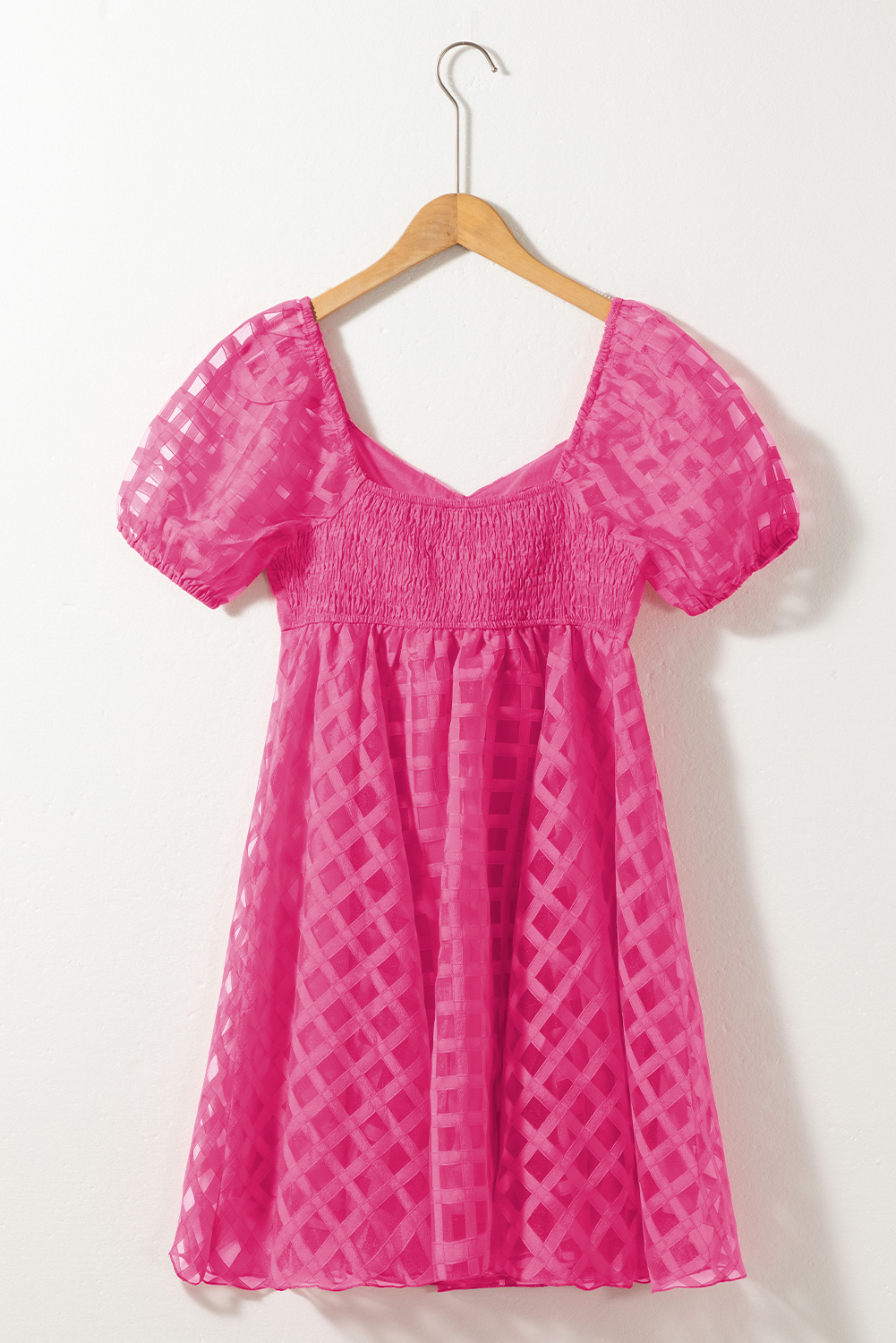 Strawberry Pink Checkered Puff Sleeve Babydoll Dress - loveforevers
