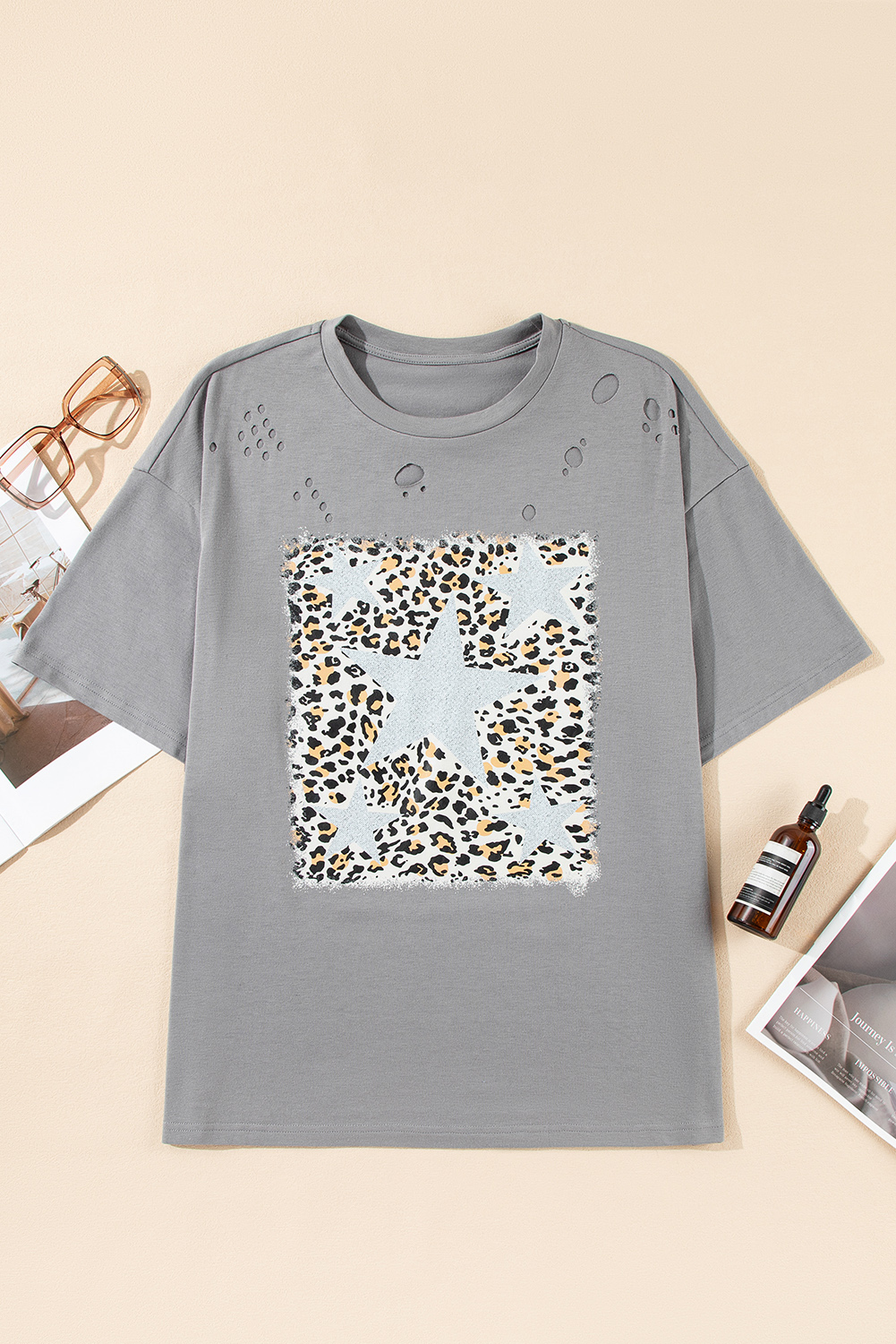 Medium Grey Stars Leopard Graphic Distressed Tee - loveforevers