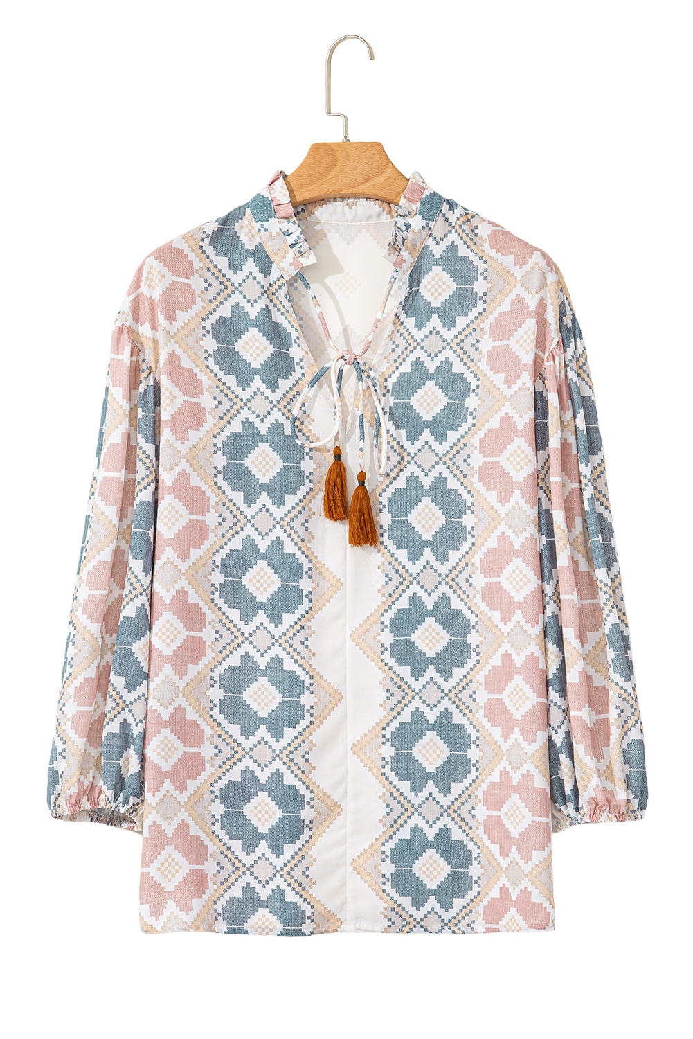 Khaki Geometric Print Tassel Tie Split Neck Balloon Sleeve Blouse - loveforevers