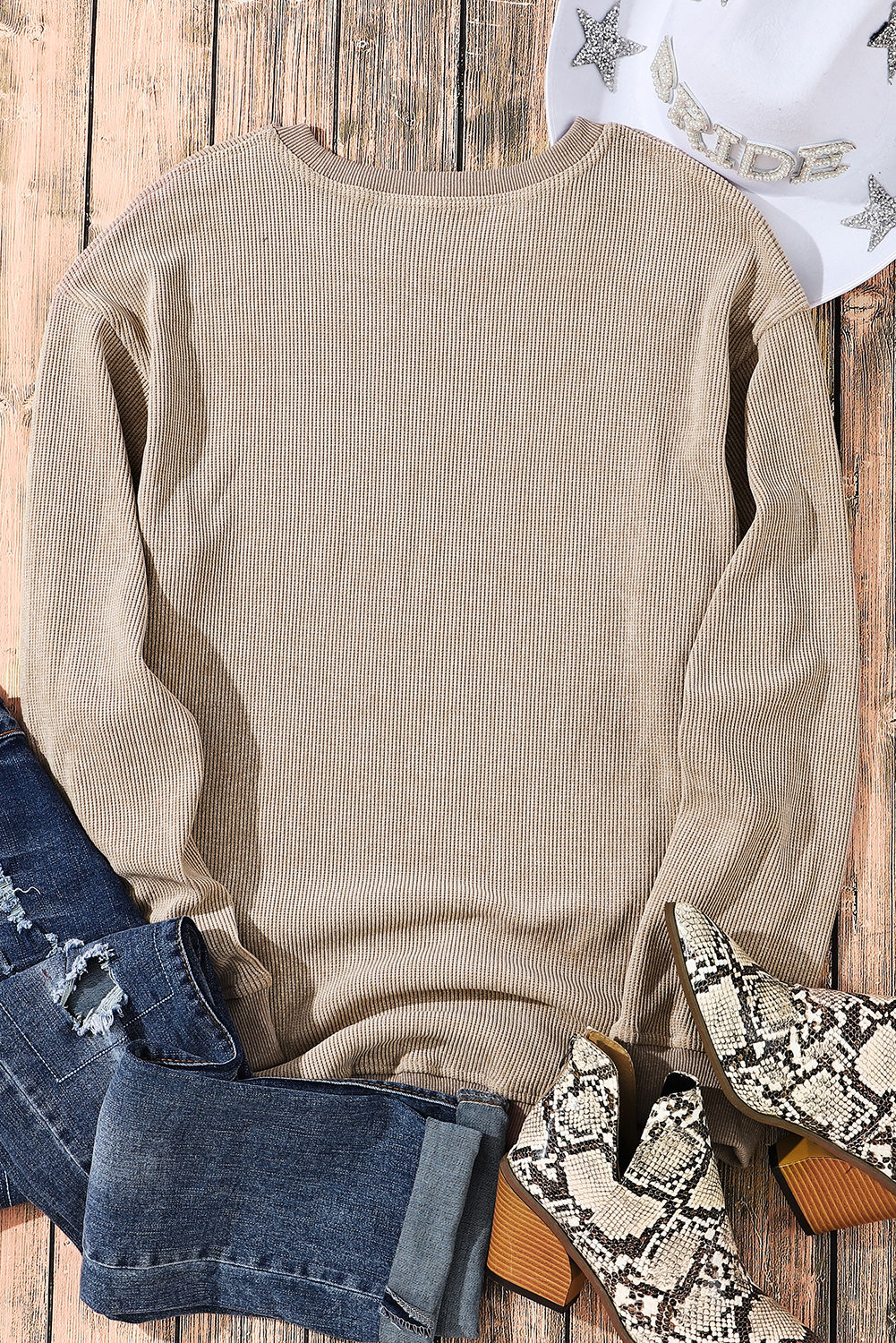 Pink Solid Ribbed Knit Round Neck Pullover Sweatshirt - loveforevers
