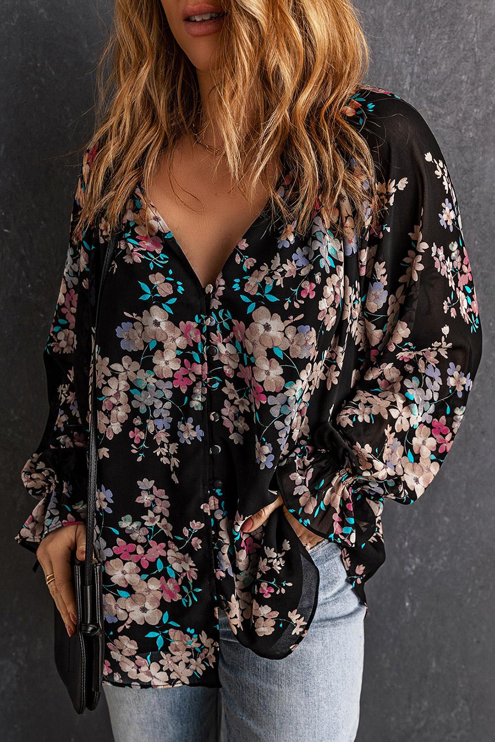 Black Wildflower Print Chiffon Blouse - loveforevers