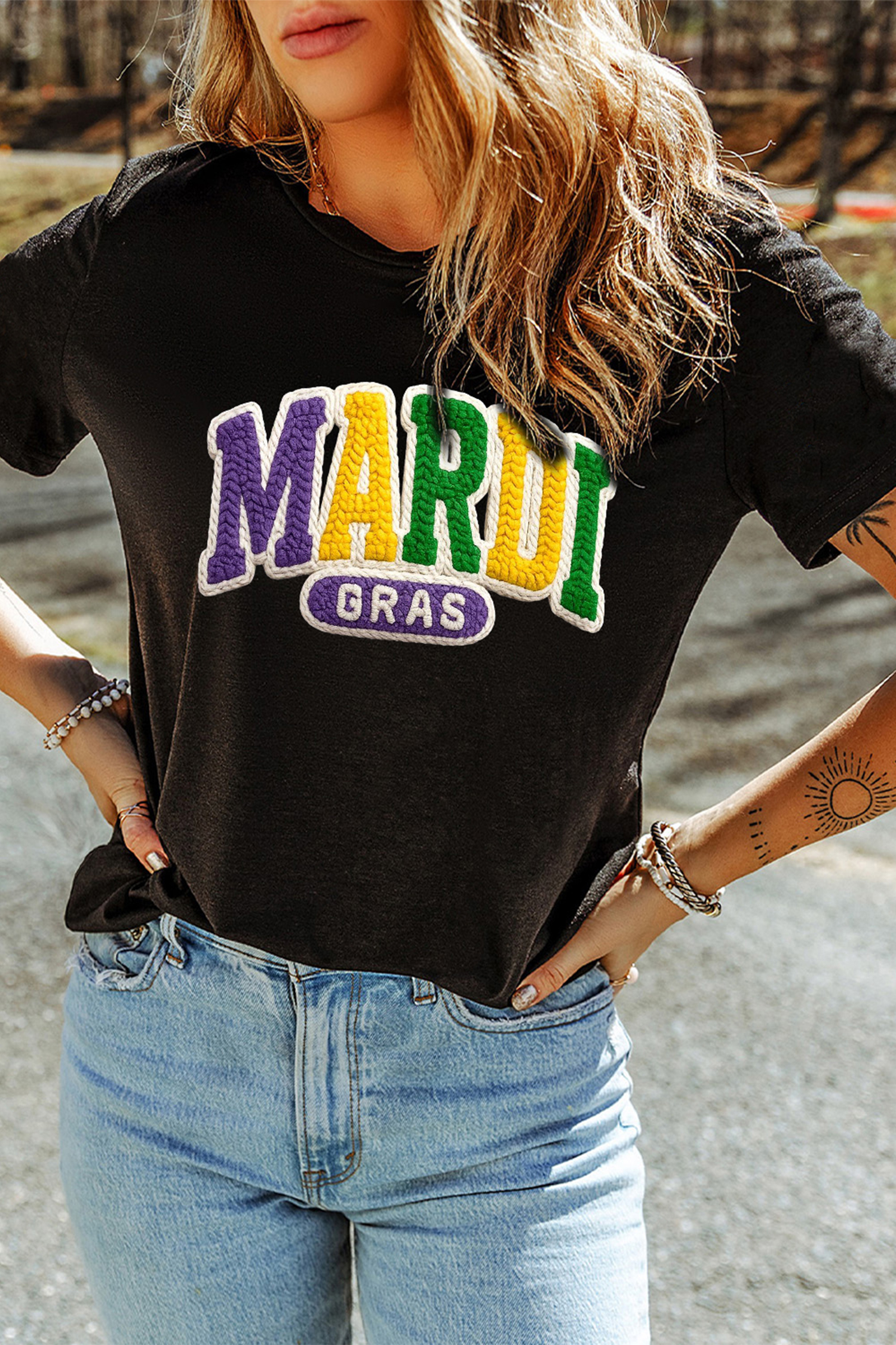 Black MARDI GRAS Faux Yarn Letter Graphic T Shirt - loveforevers