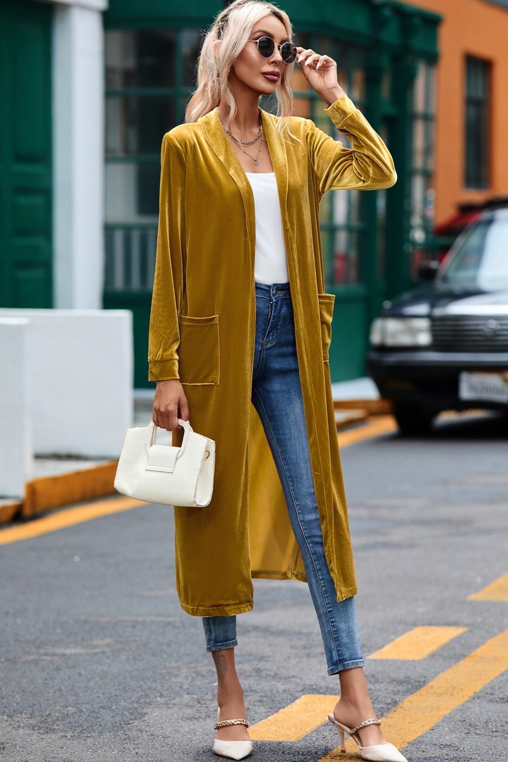 Yellow Velvet Open Front Pocketed Long Duster - loveforevers