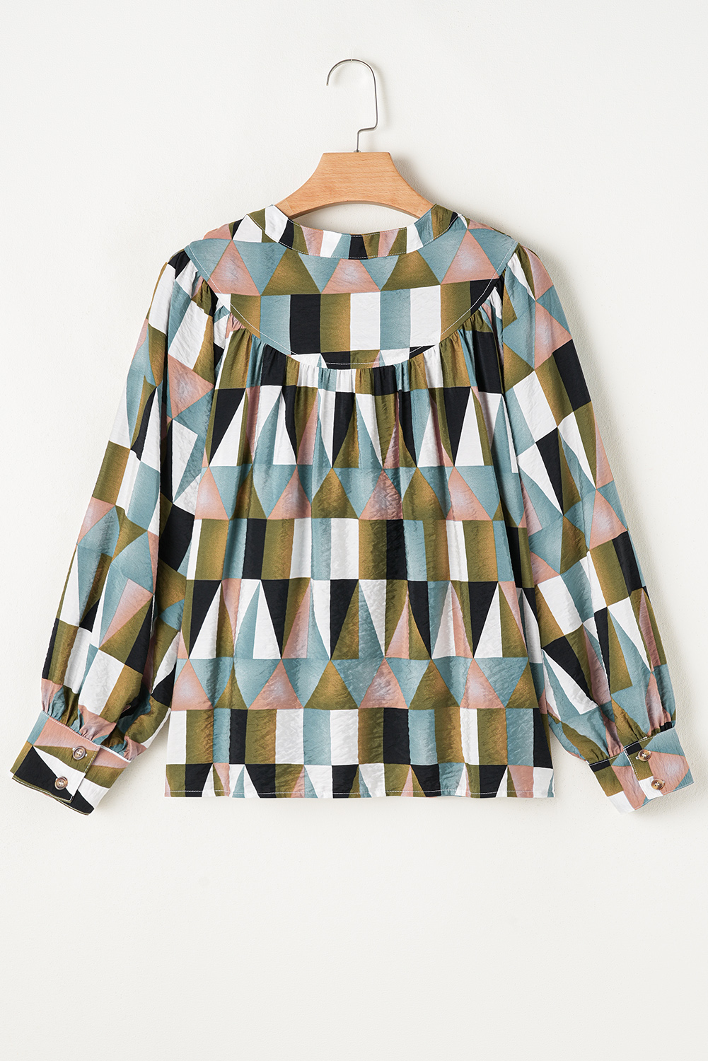 Green Geometric Print Buttoned Balloon Sleeve Loose Fit Shirt - loveforevers
