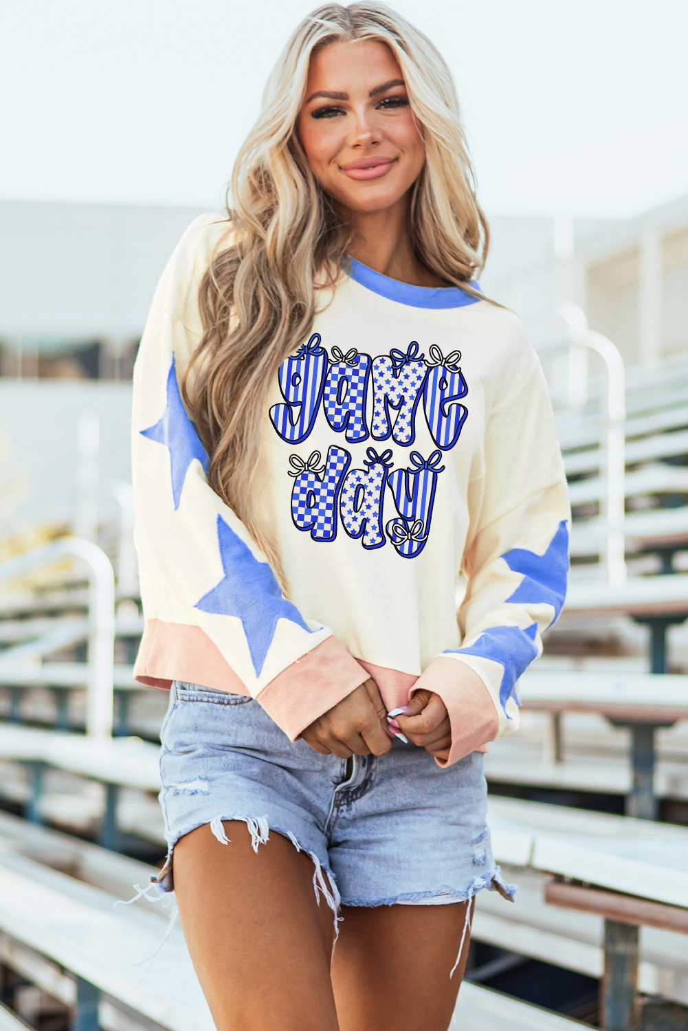 Beige Game Day Graphic Starry Patched Sleeve Contrast Trim Casual Sweatshirt - loveforevers