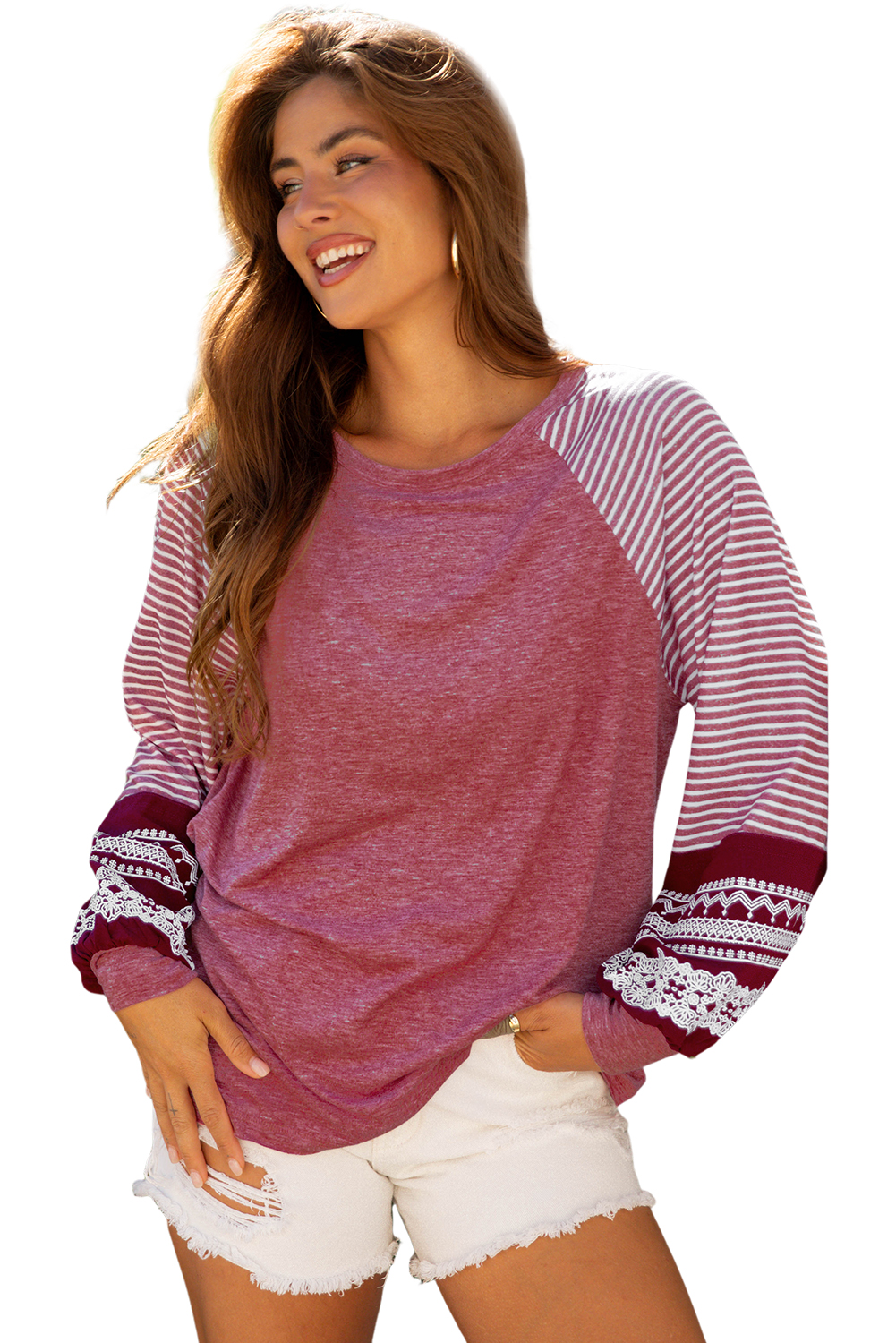 Tillandsia Purple Contrast Print Striped Raglan Long Sleeve Loose Top - loveforevers
