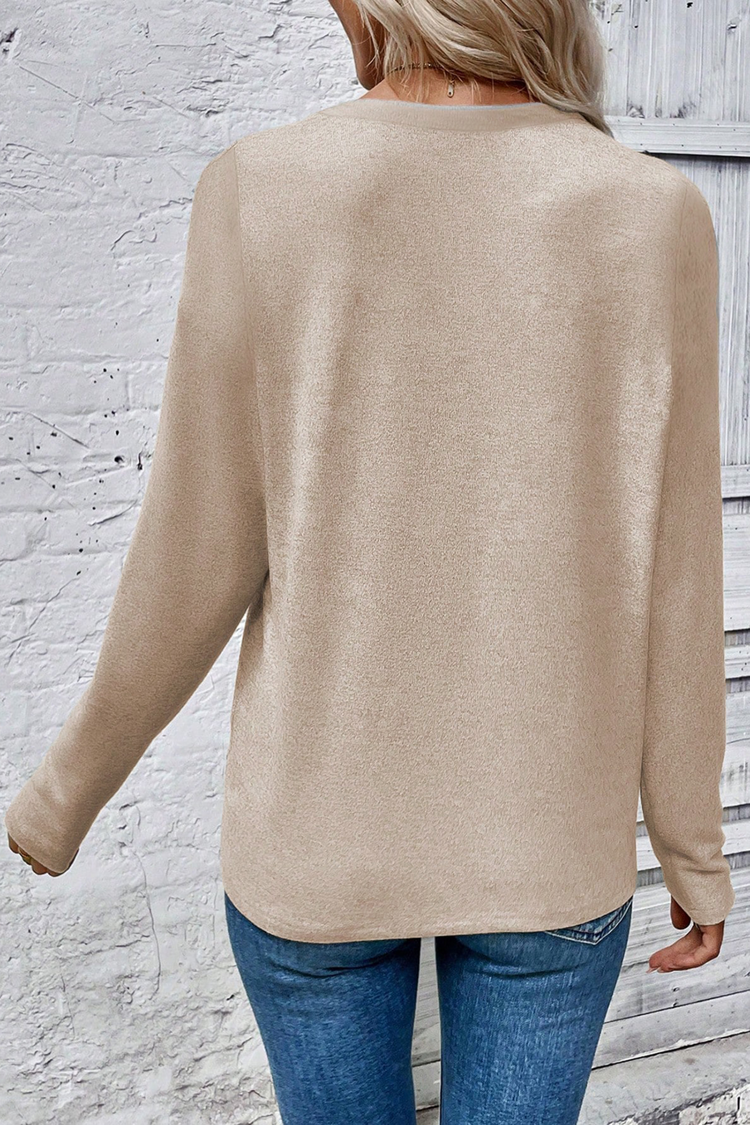 Beige Leopard Print Detail Round Neck Long Sleeve Top - loveforevers