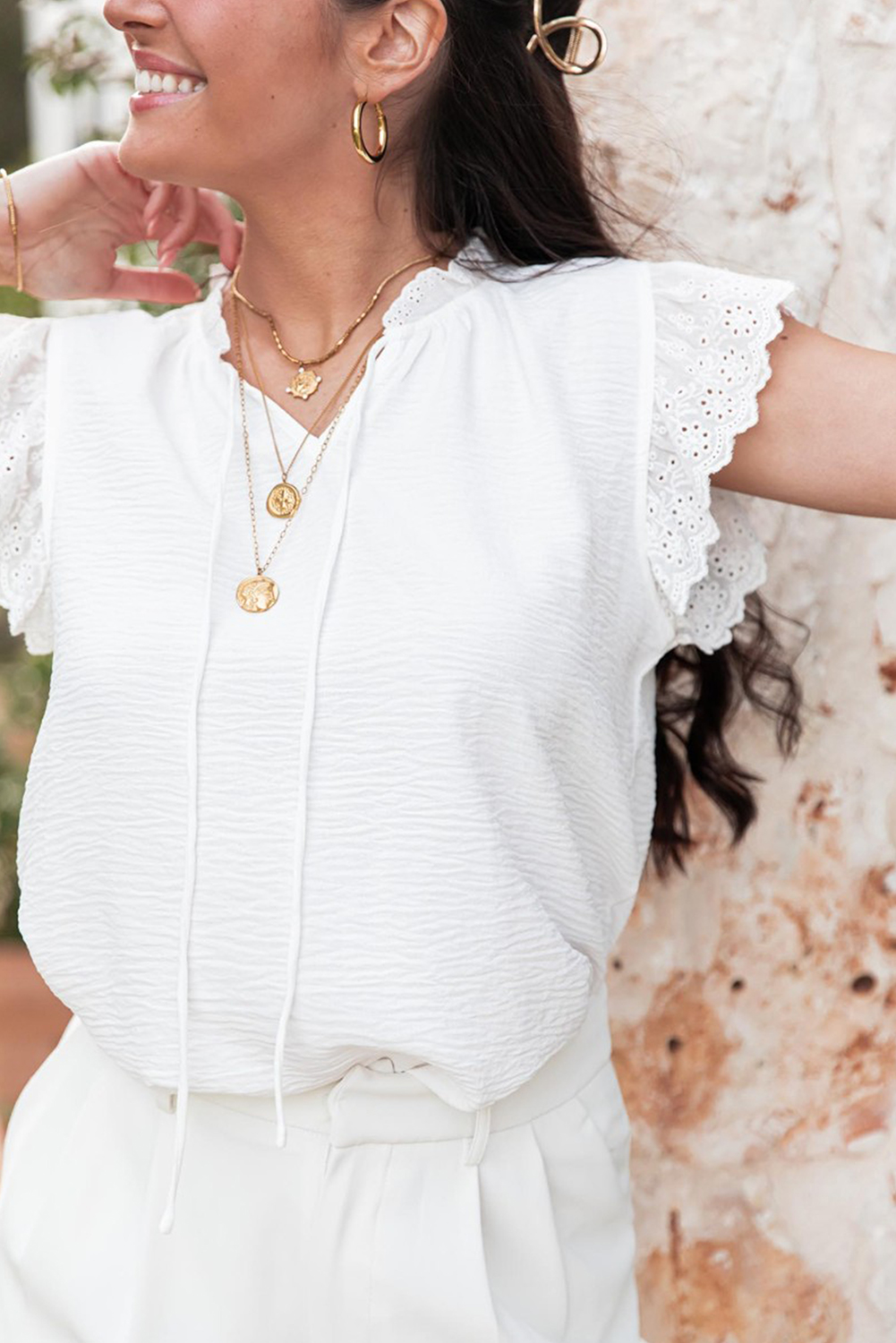 White Embroidered Ruffle Trim Textured Blouse - loveforevers