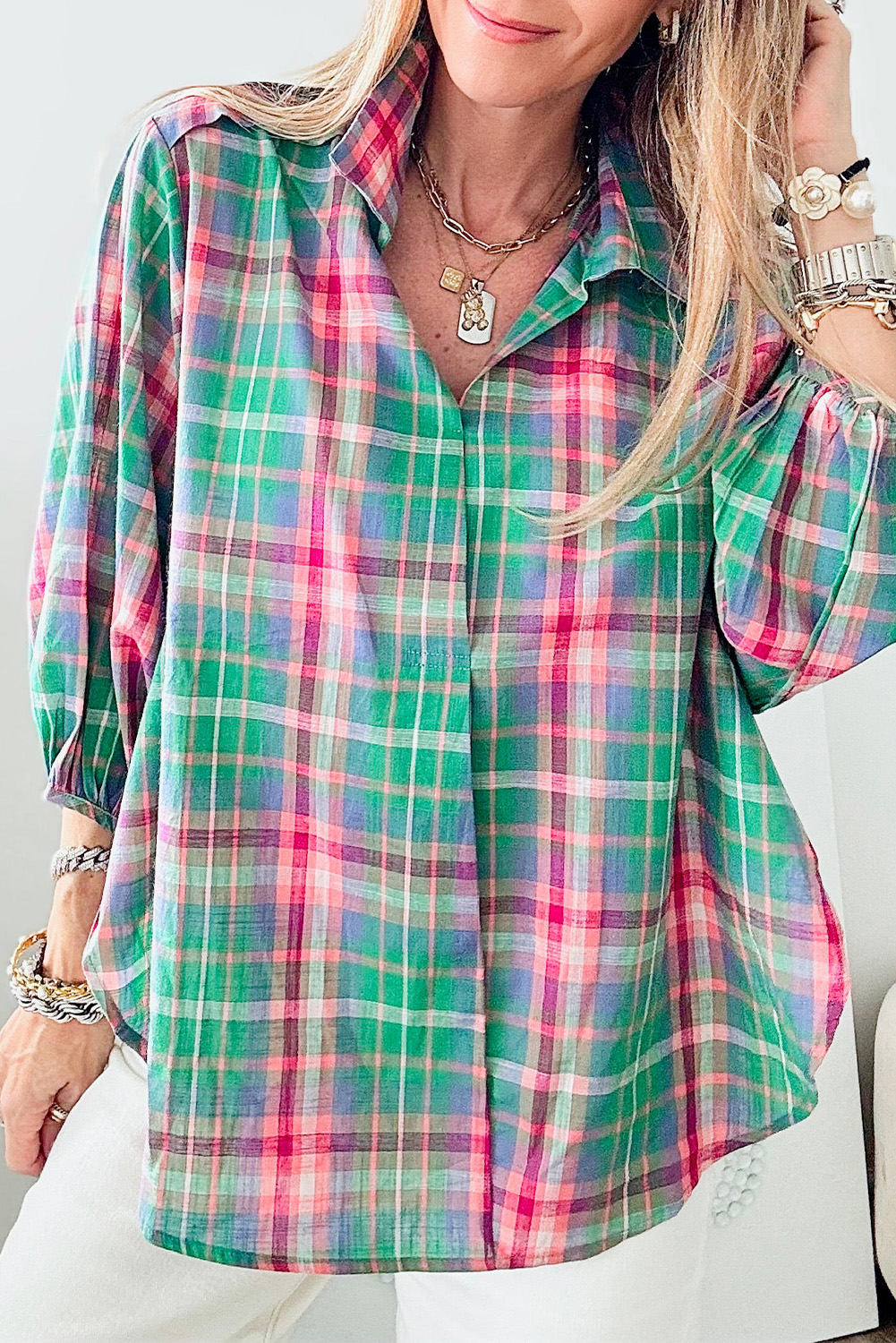 Green Checkered 3/4 Sleeve Collared Loose Fit Shirt - loveforevers