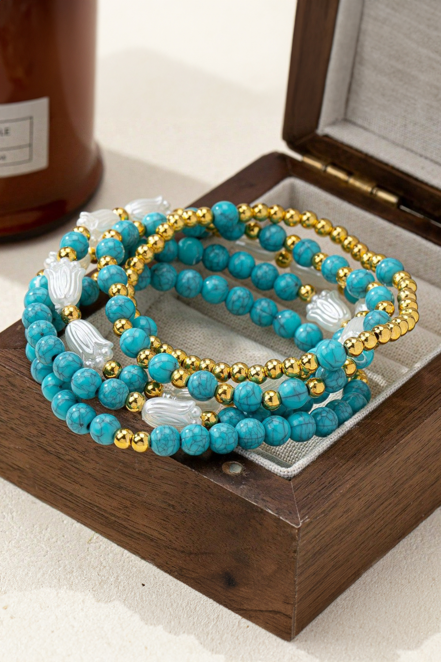 Turquoise Mixed Golden Beads Pearlish Detail 5pcs Bracelet Set - loveforevers
