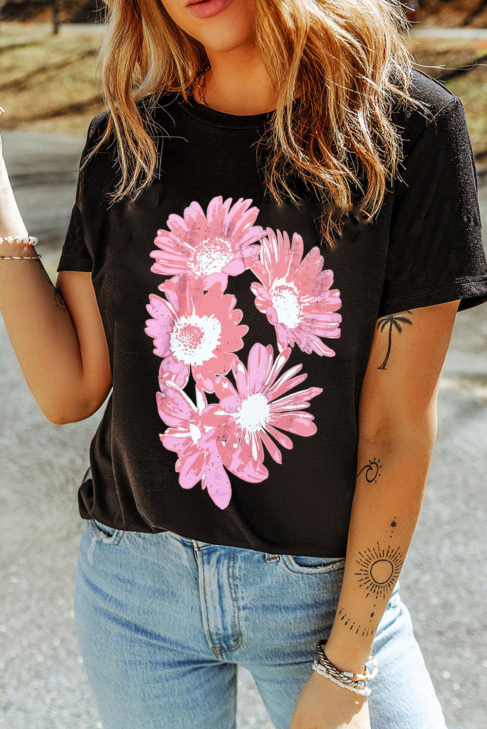 Black Pink Daisy Flower Printed Cotton Blend T Shirt - loveforevers