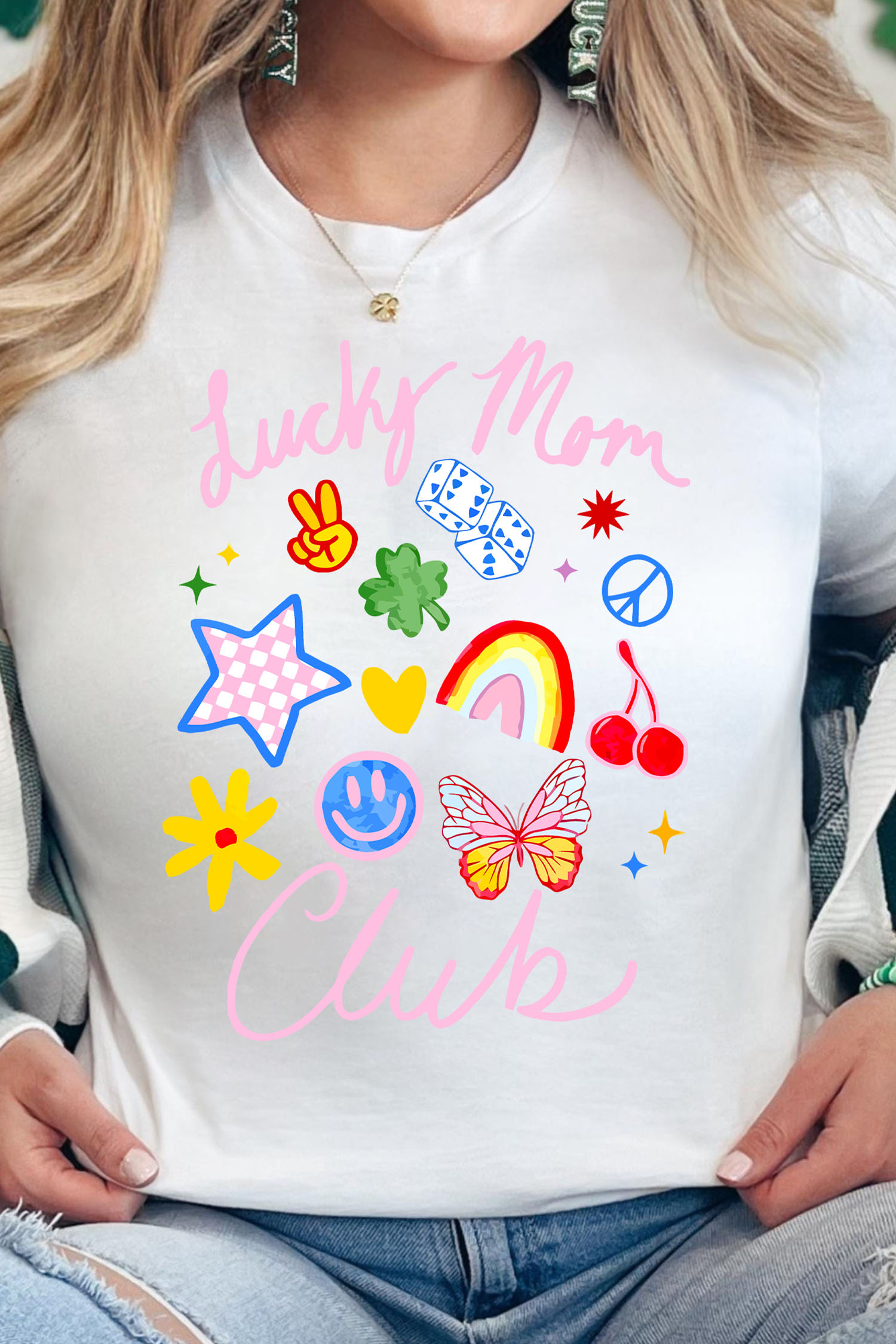 White Lucky Mom Club Vibrant Printed Casual T Shirt - loveforevers
