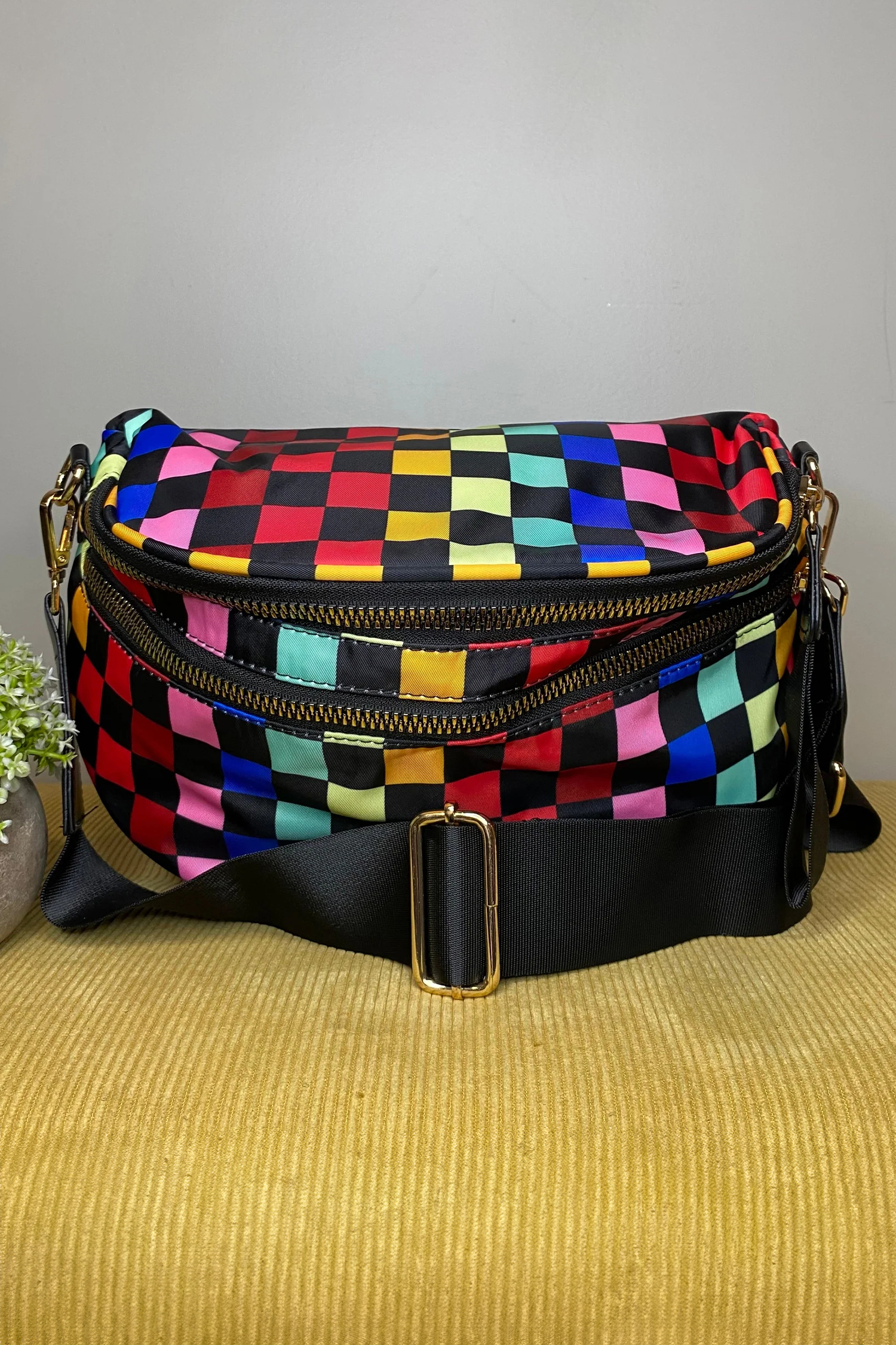 White Pretty Checkerboard Canvas Double Zip Crossbody Bag - loveforevers