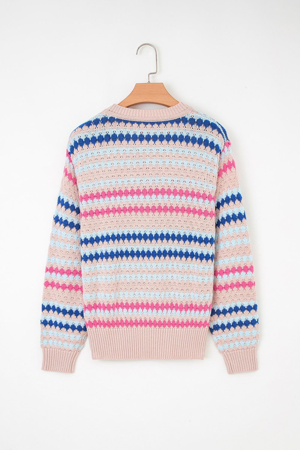 Brown Stripe Eyelet Patterned Drop Shoulder Sweater - loveforevers