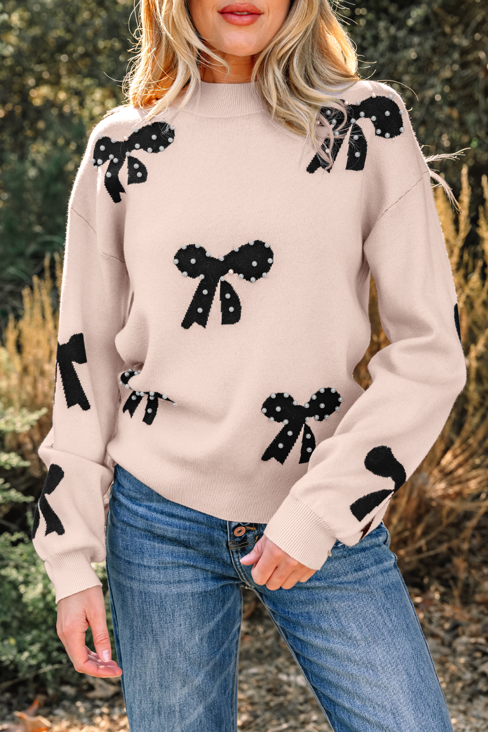 Bright Pink Pearl Embellished Bow Pattern Loose Sweater - loveforevers
