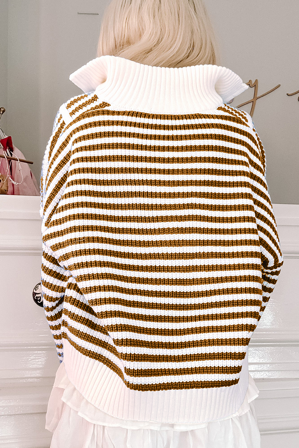 Black Stripe Zip up Collar Drop Shoulder Sweater - loveforevers