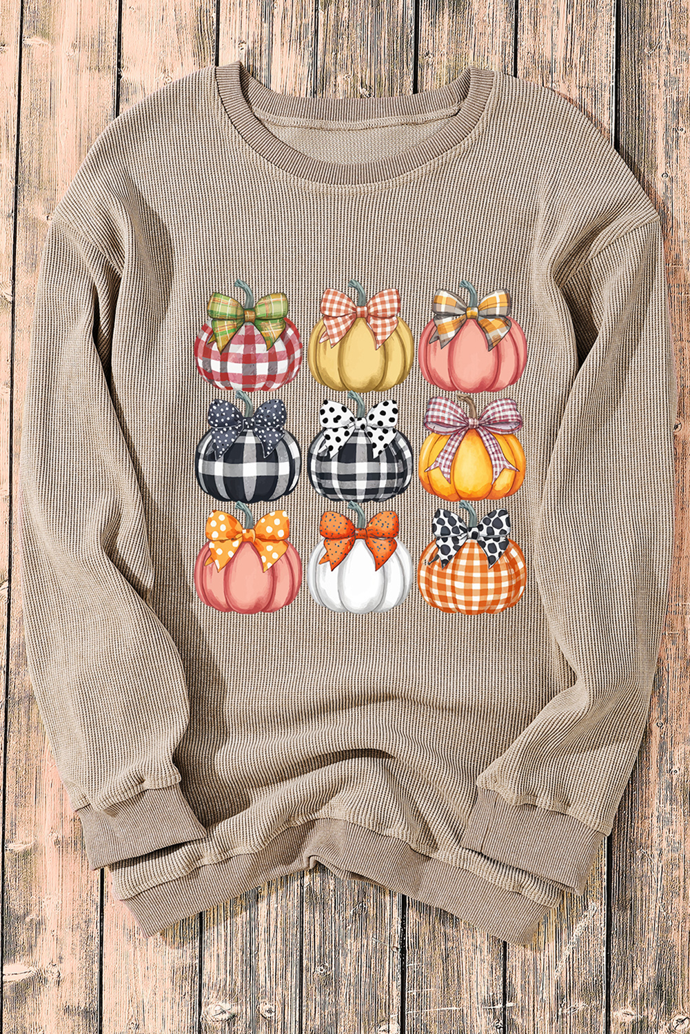Khaki Trendy Textured Bow Pumpkin Graphic Baggy Sweatshirt - loveforevers